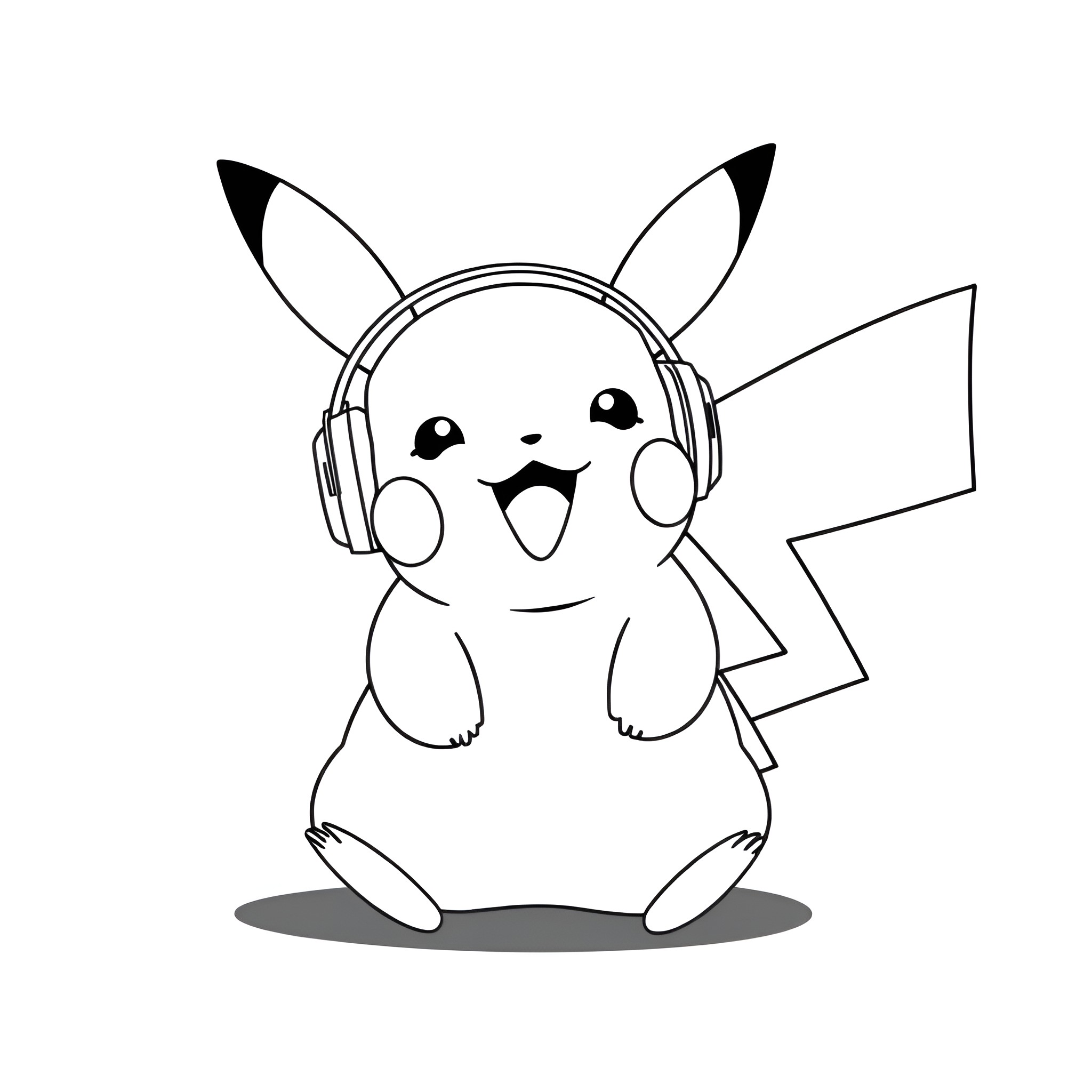 Pikachu listening to music with headphones Coloring Page (free black-and-white line drawing printable PDF for all, from beginners to advanced learners, including children, teens, adults, and seniors)