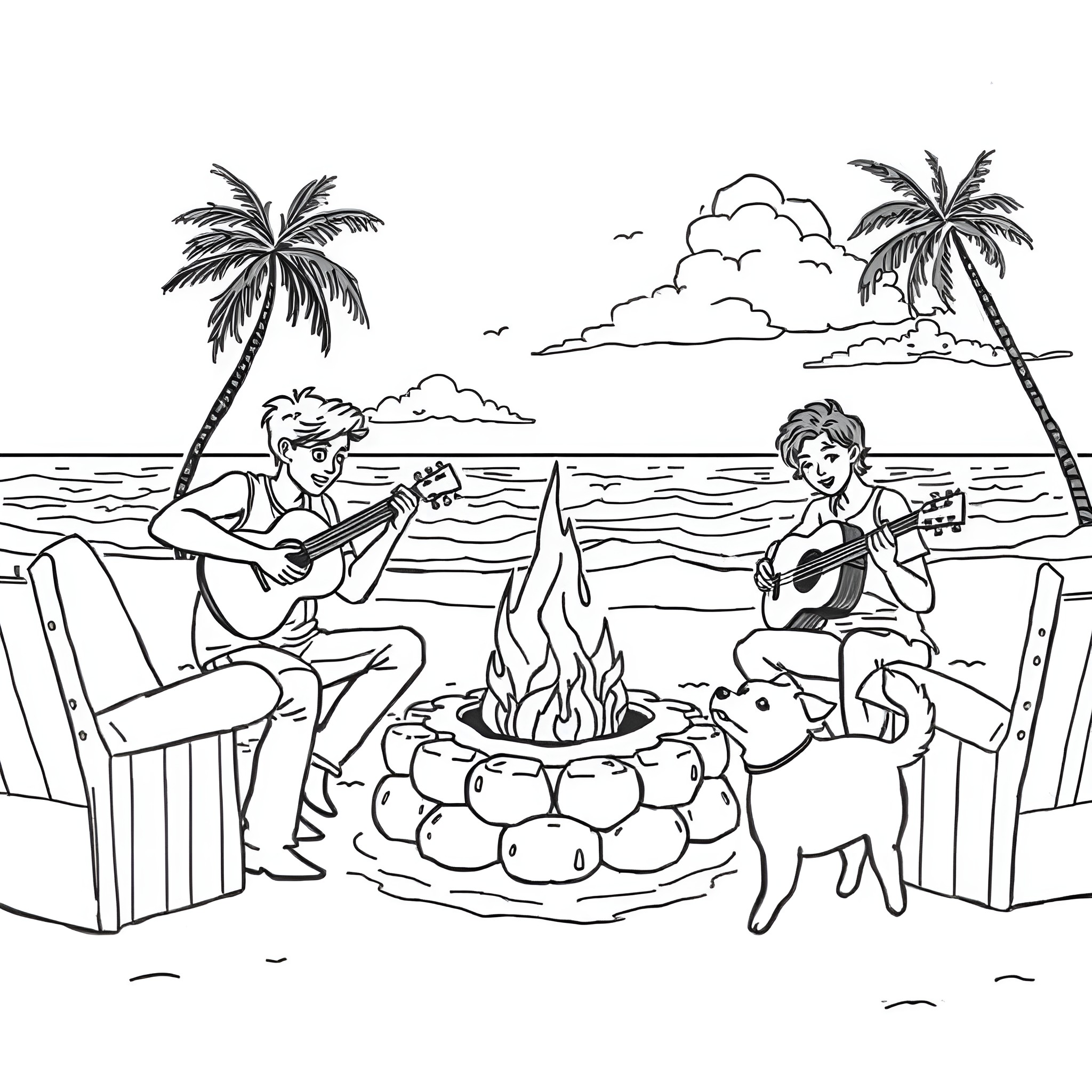 Beach scene with musicians playing guitars by a campfire Coloring Page (free black-and-white line drawing printable PDF for all, from beginners to advanced learners, including children, teens, adults, and seniors)