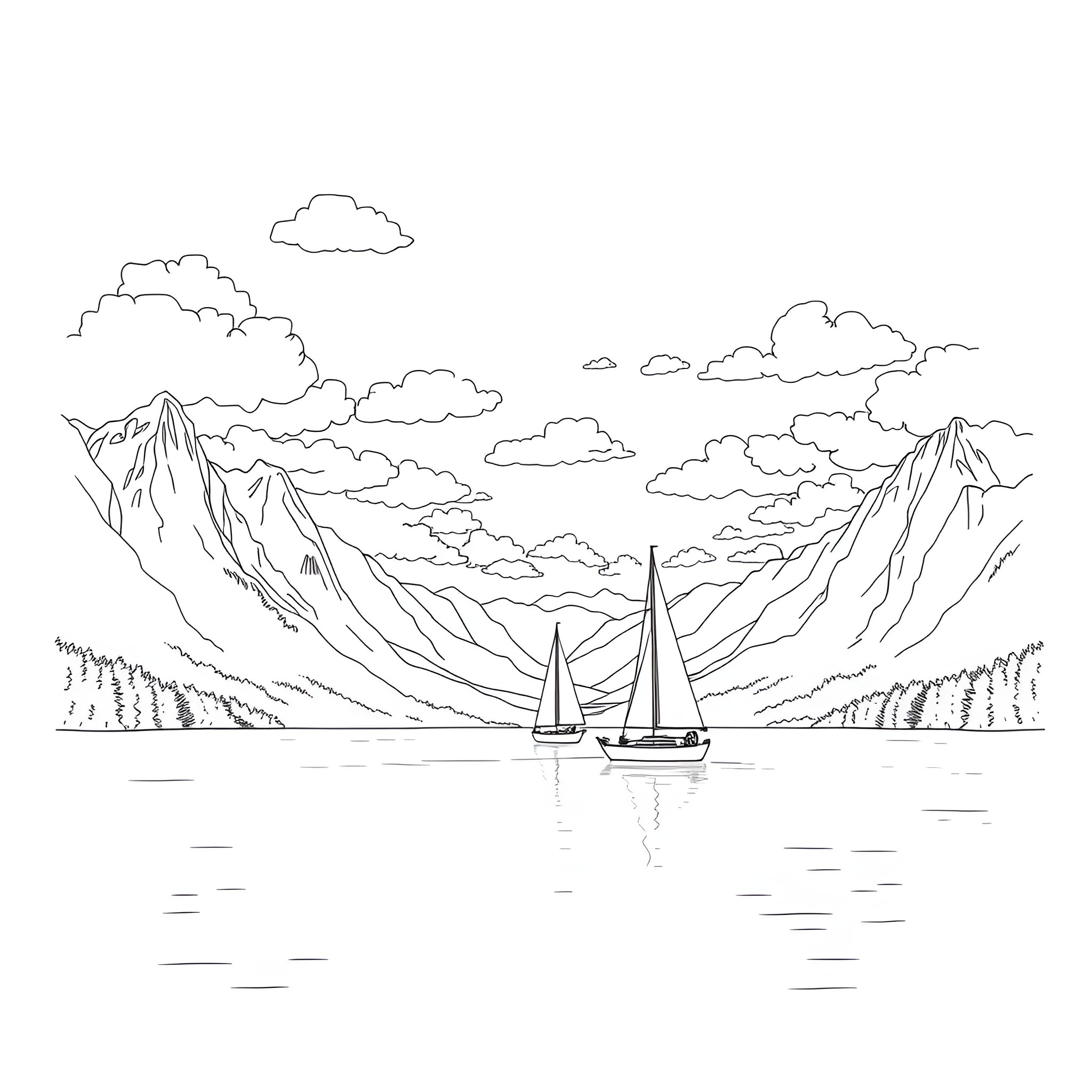Sailboat sailing through peaceful mountain scenery Coloring Page (free black-and-white line drawing printable PDF for all, from beginners to advanced learners, including children, teens, adults, and seniors)