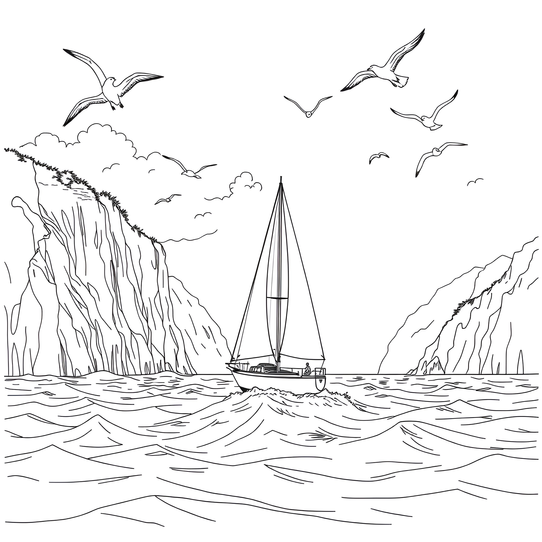 Sailboat navigating through rocky cliffs with seagulls in the sky Coloring Page (free black-and-white line drawing printable PDF for all, from beginners to advanced learners, including children, teens, adults, and seniors)