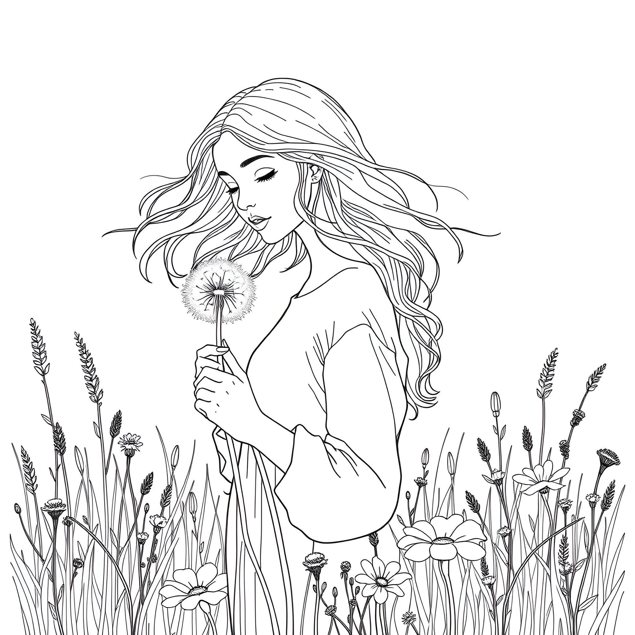 Woman holding a dandelion in the meadow Coloring Page (free black-and-white line drawing printable PDF for all, from beginners to advanced learners, including children, teens, adults, and seniors)