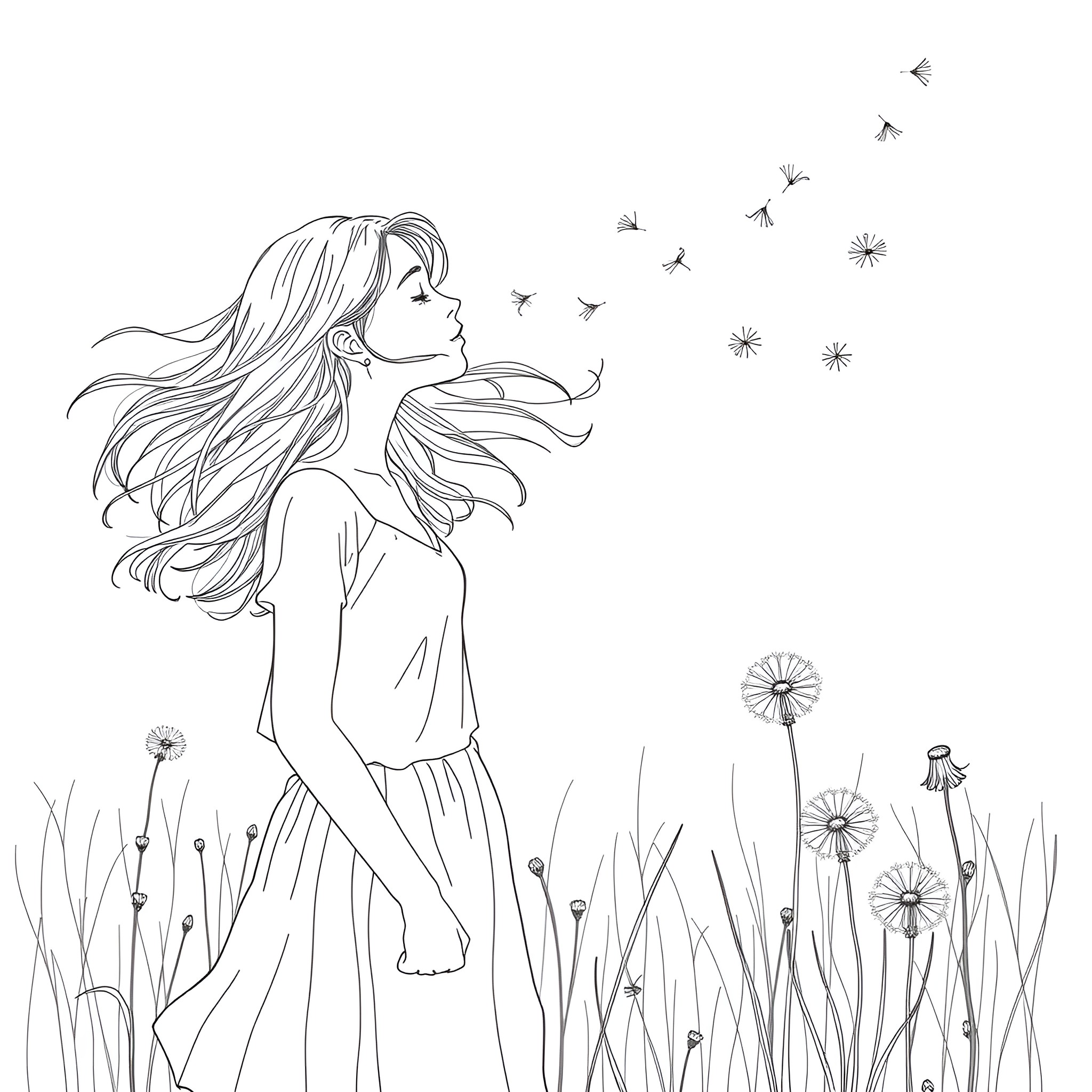 Woman gazing at butterflies in the meadow Coloring Page (free black-and-white line drawing printable PDF for all, from beginners to advanced learners, including children, teens, adults, and seniors)