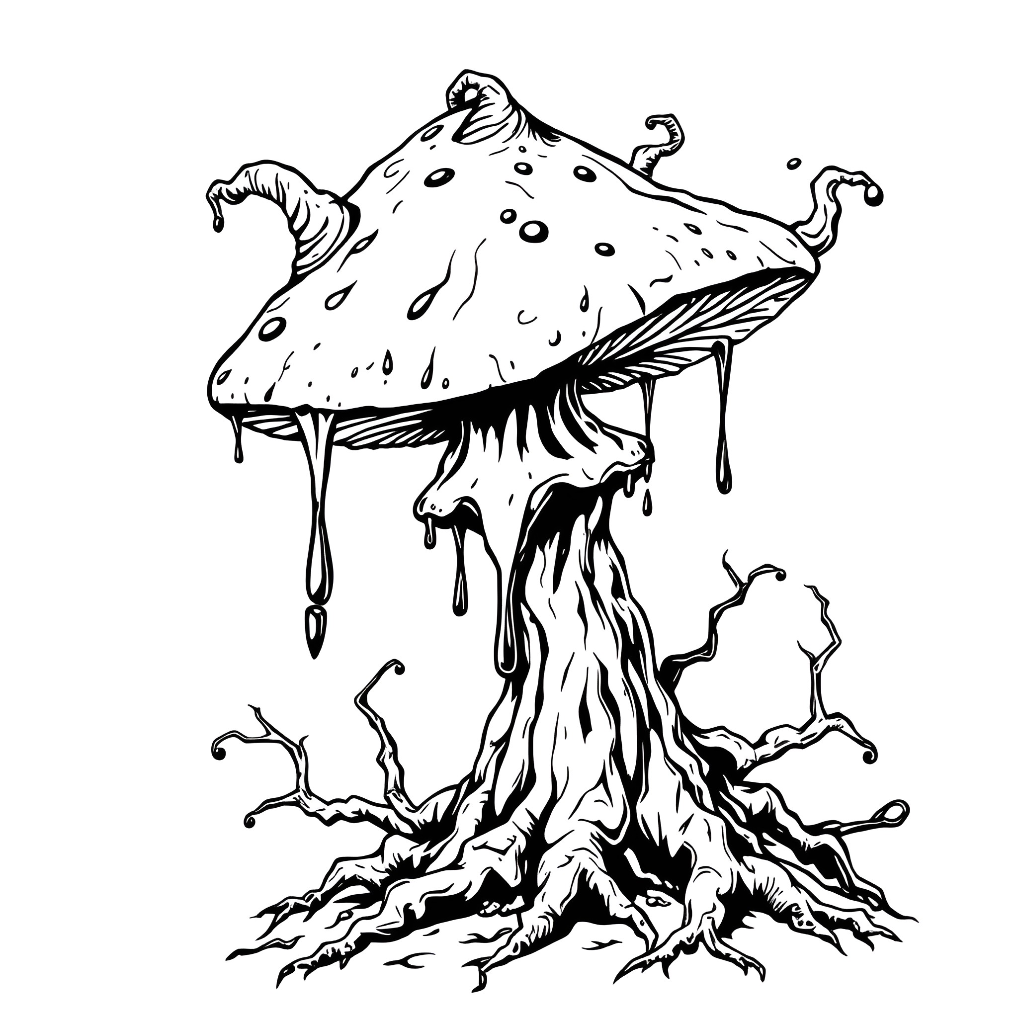 Mushroom with Twisted Roots and Dripping Caps Coloring Page (free black-and-white line drawing printable PDF for all, from beginners to advanced learners, including children, teens, adults, and seniors)