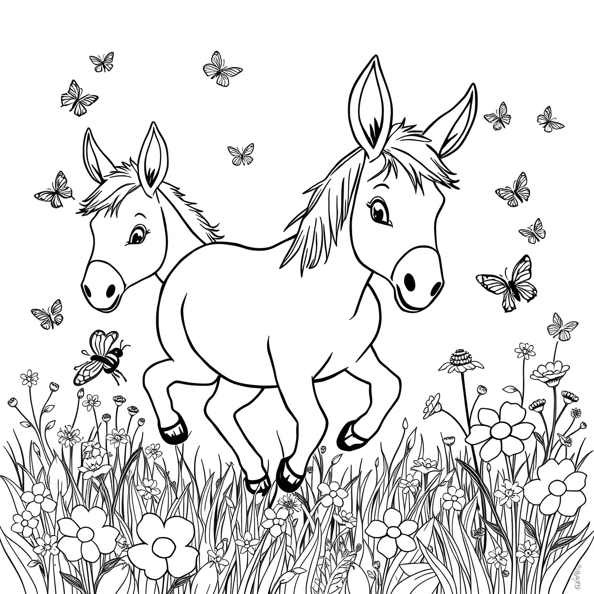 Donkey Frolicking Amidst Butterflies and Flowers Coloring Page (free black-and-white line drawing printable PDF for all, from beginners to advanced learners, including children, teens, adults, and seniors)