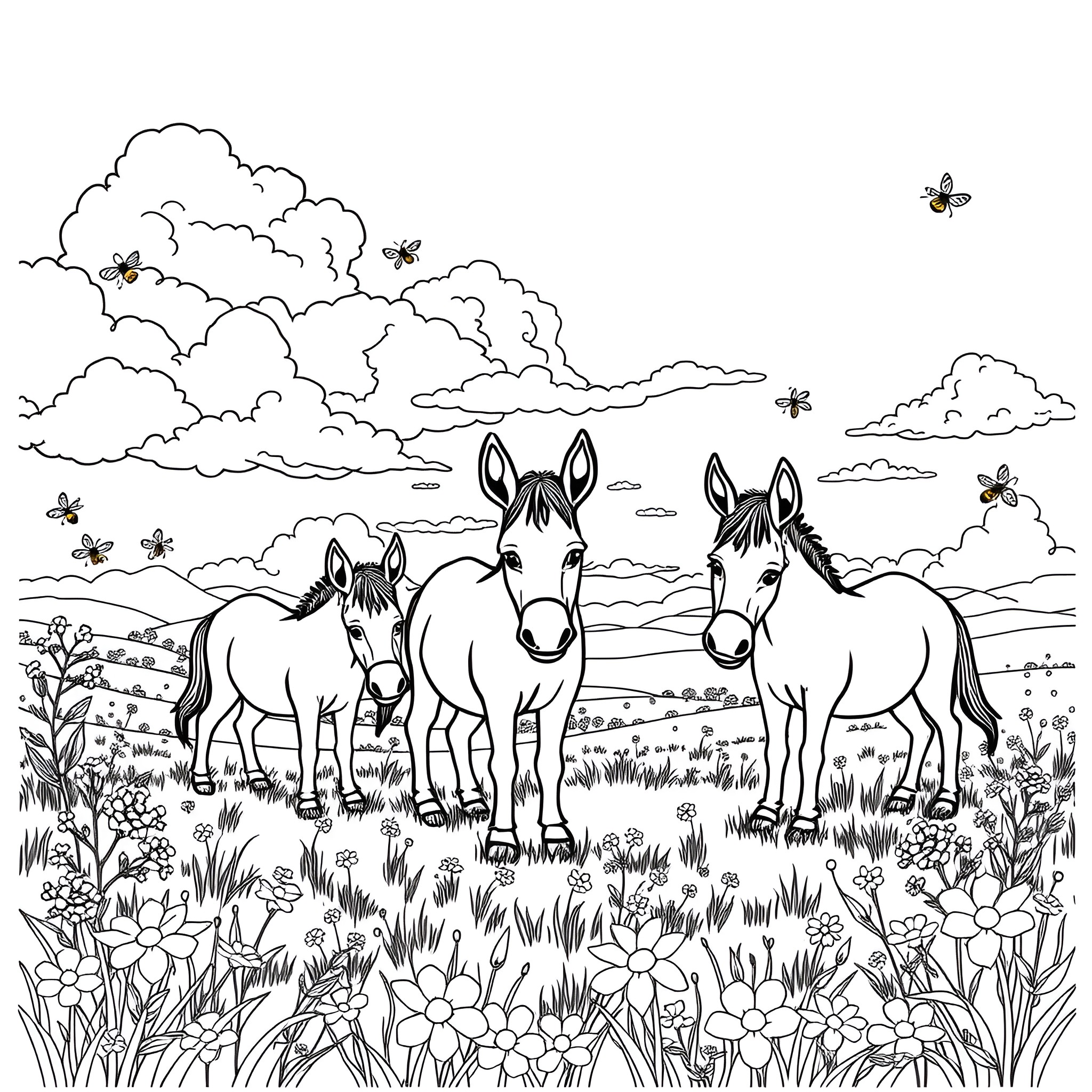 Donkey enjoying the meadow with butterflies Coloring Page (free black-and-white line drawing printable PDF for all, from beginners to advanced learners, including children, teens, adults, and seniors)