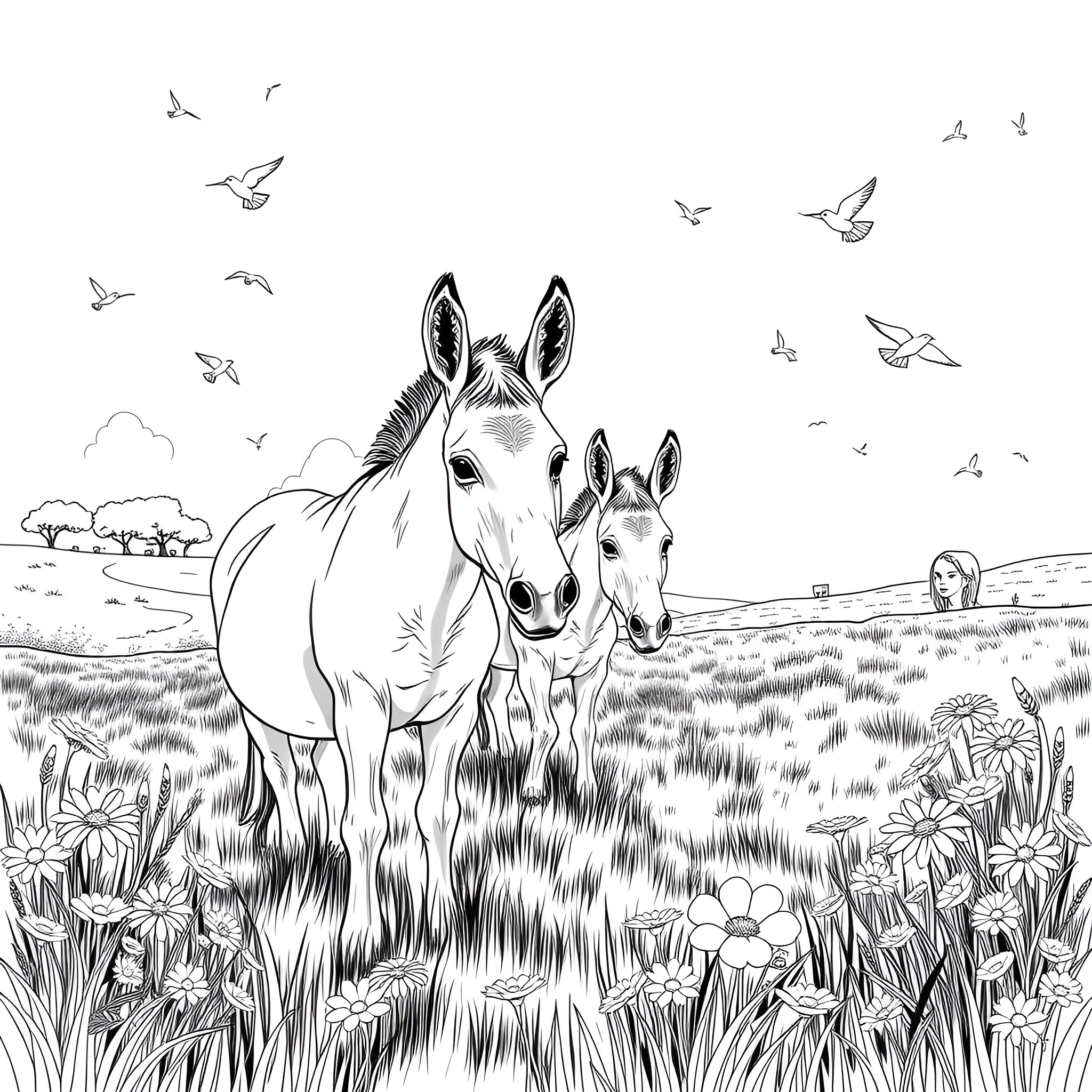 Donkey mother and calf in a lush meadow Coloring Page (free black-and-white line drawing printable PDF for all, from beginners to advanced learners, including children, teens, adults, and seniors)