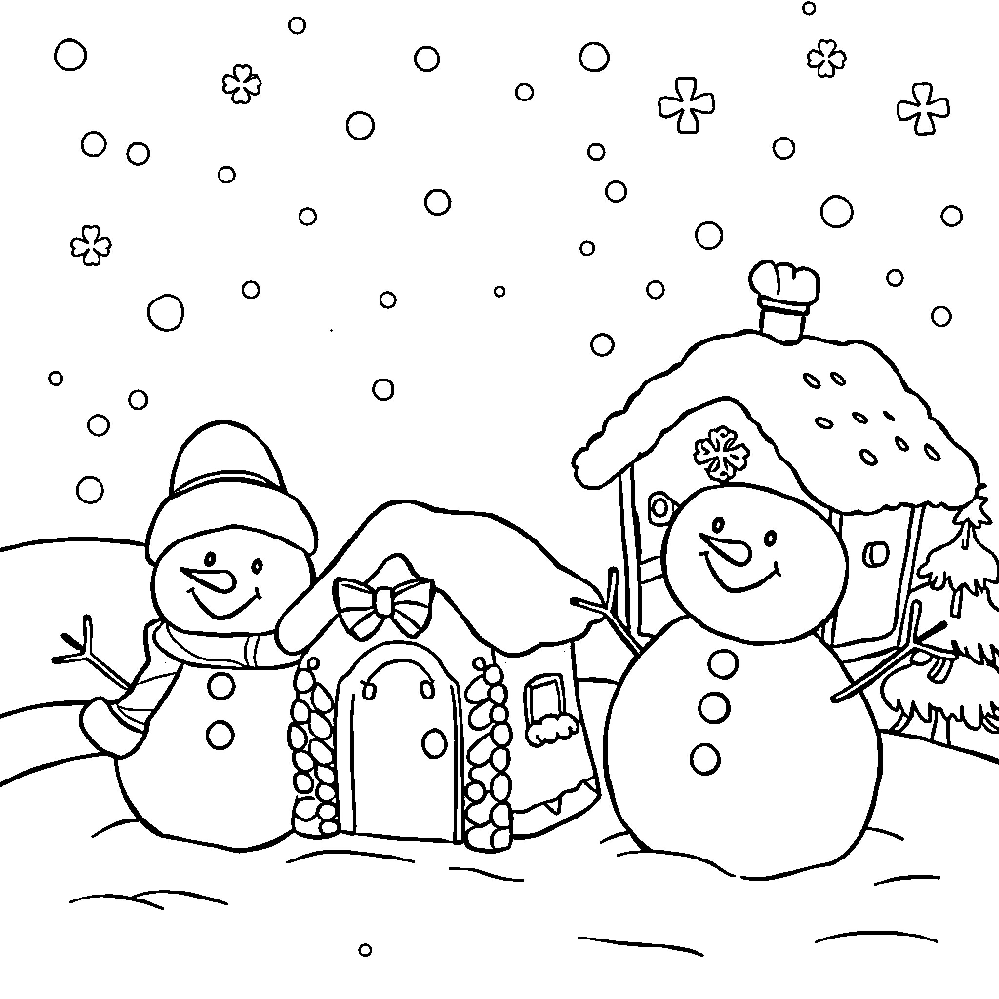 Christmas Snowmen and Cottage in Snowy Scene Coloring Page (free black-and-white line drawing printable PDF for all, from beginners to advanced learners, including children, teens, adults, and seniors)