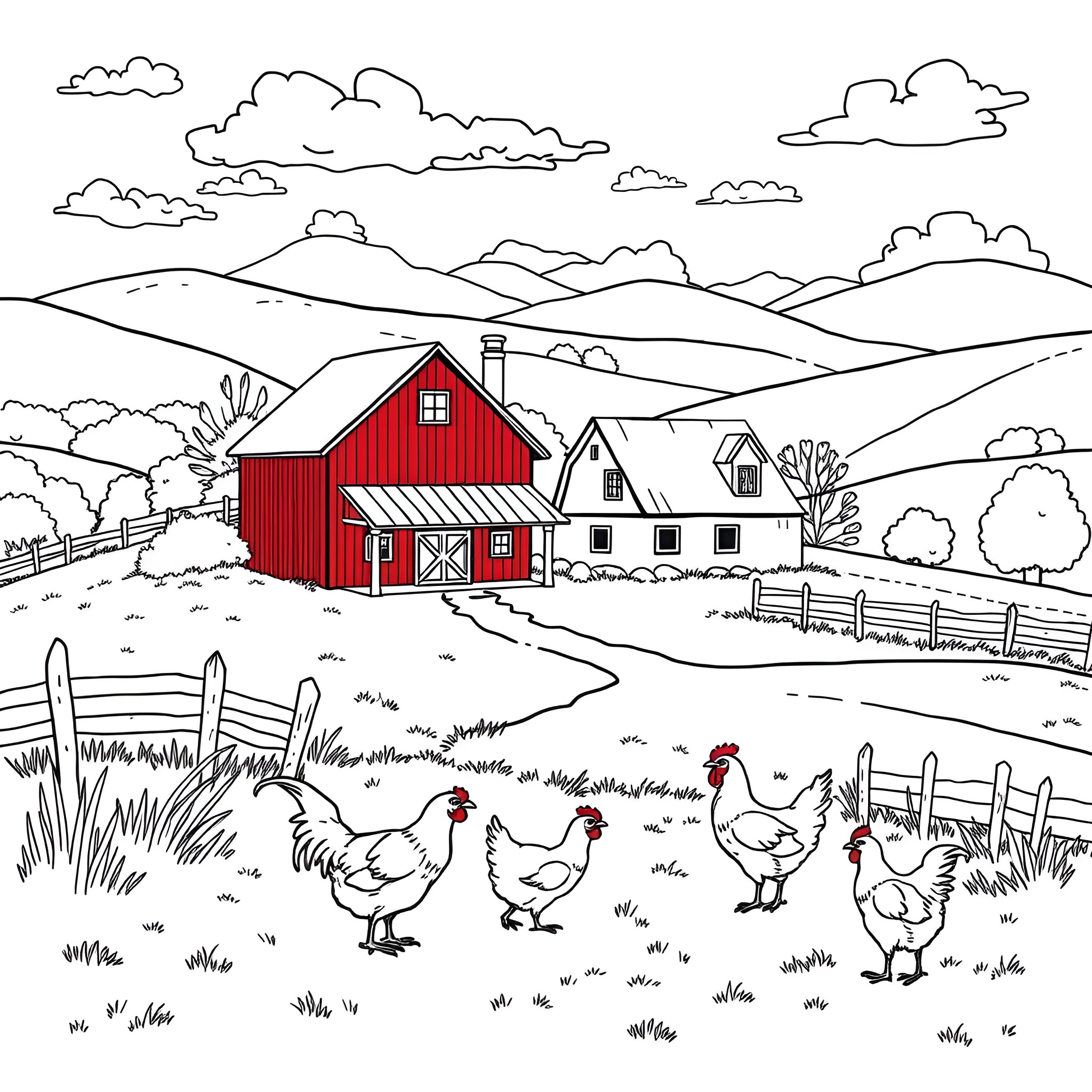 Country House with Farmyard Animals Coloring Page (free black-and-white line drawing printable PDF for all, from beginners to advanced learners, including children, teens, adults, and seniors)