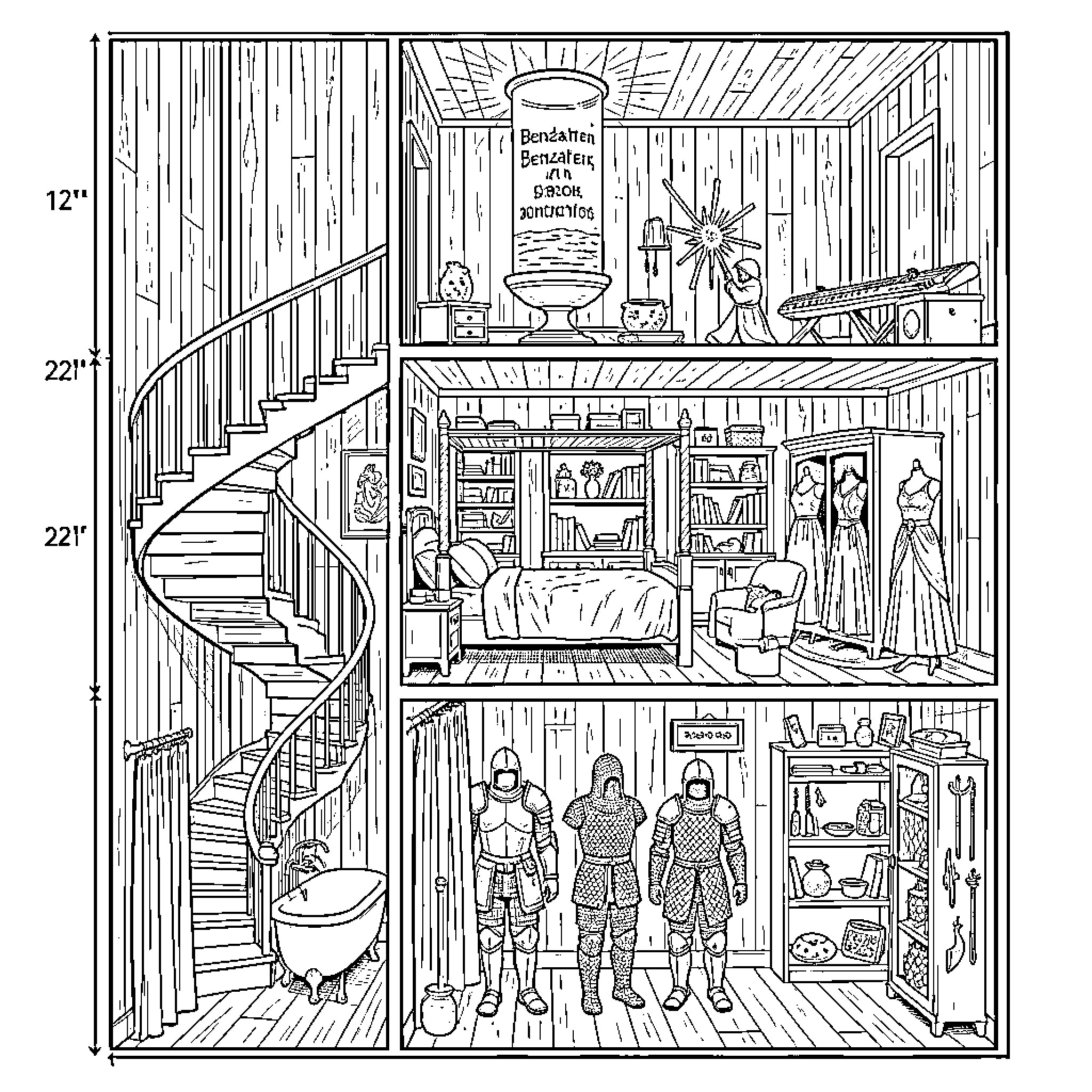 Cylinder shaped container displayed in a fantasy room Coloring Page (free black-and-white line drawing printable PDF for all, from beginners to advanced learners, including children, teens, adults, and seniors)