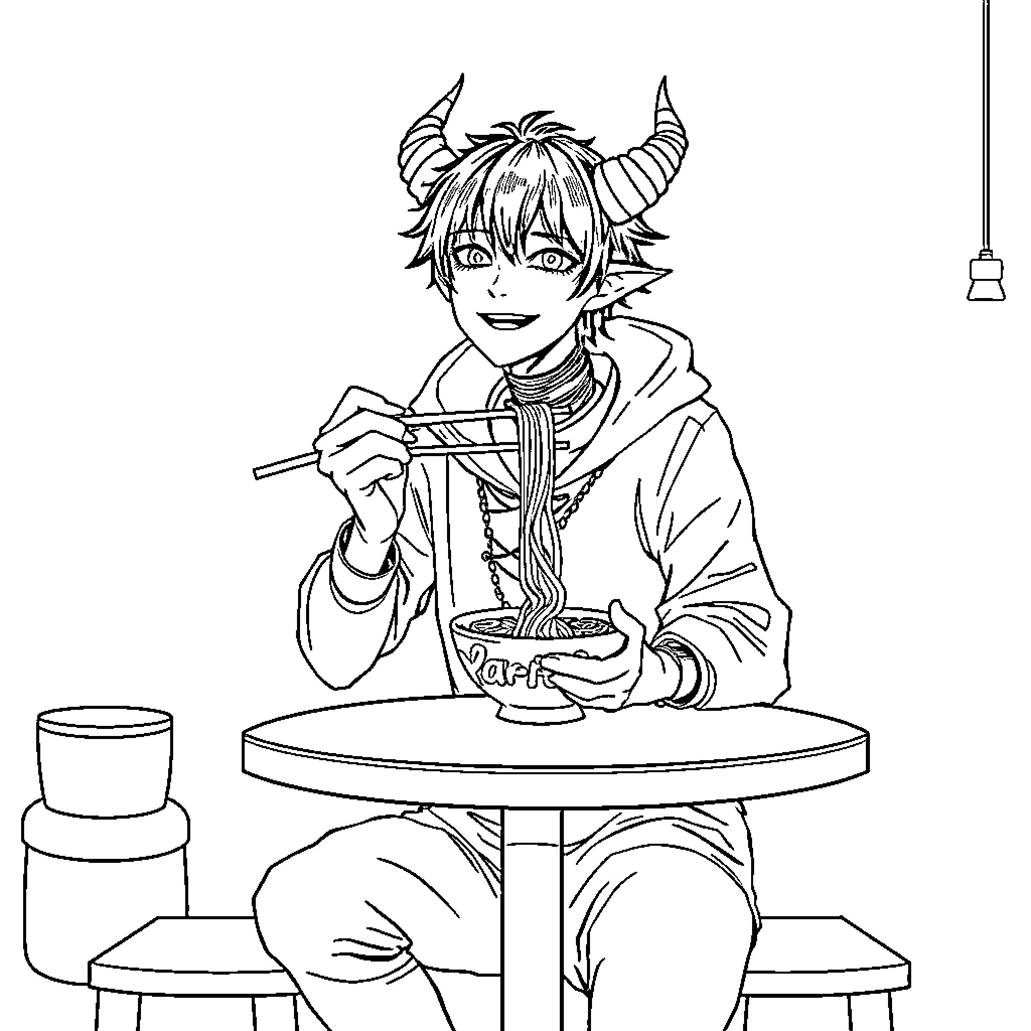Demon Hunter Enjoying a Meal in a Casual Setting Coloring Page (free black-and-white line drawing printable PDF for all, from beginners to advanced learners, including children, teens, adults, and seniors)