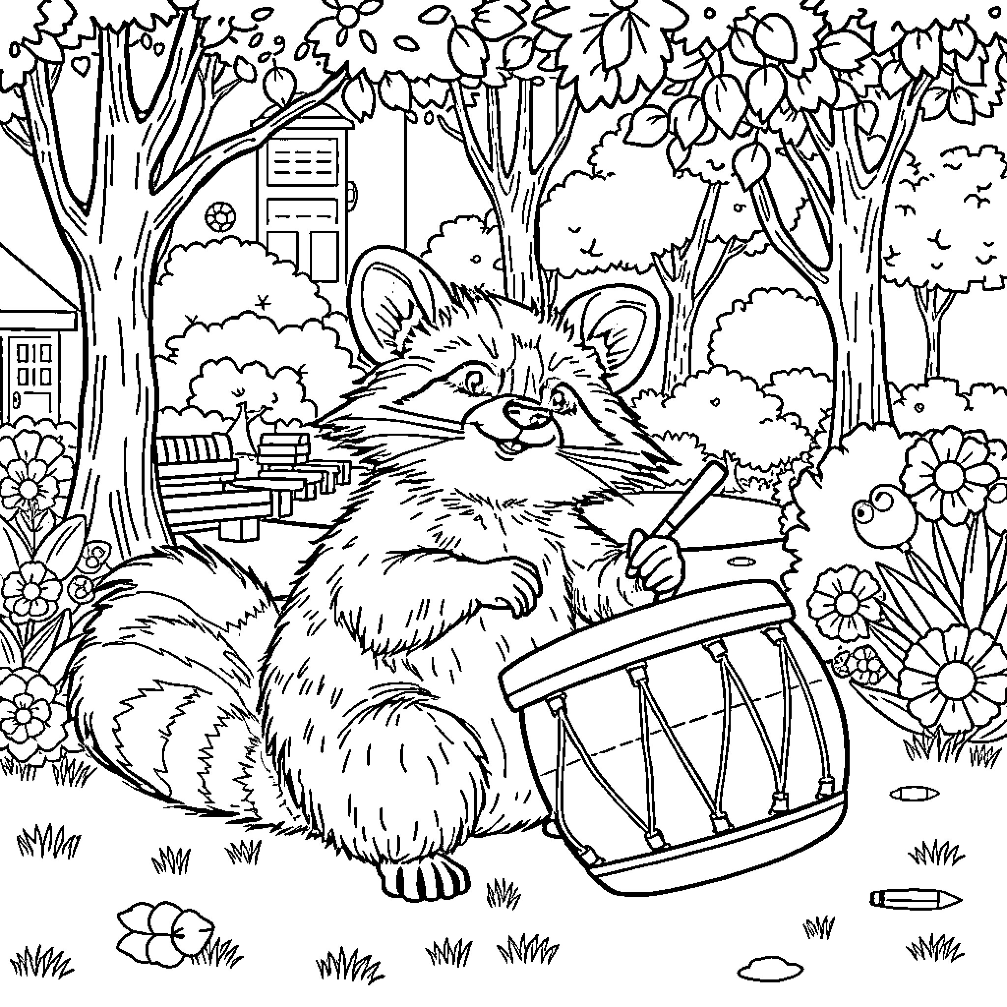 Raccoon playing a drum in the forest Coloring Page (free black-and-white line drawing printable PDF for all, from beginners to advanced learners, including children, teens, adults, and seniors)