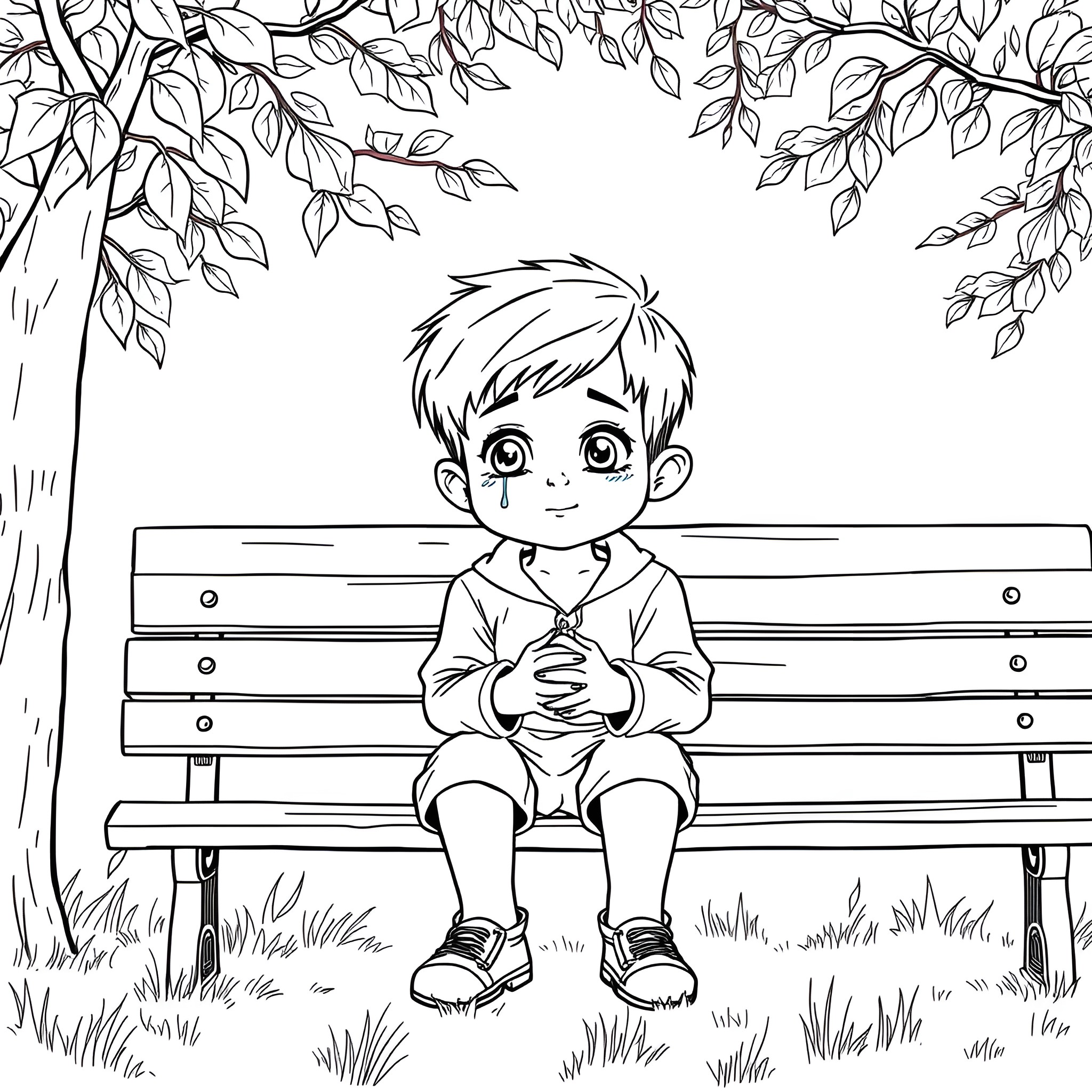 Boy sitting alone on a park bench Coloring Page (free black-and-white line drawing printable PDF for all, from beginners to advanced learners, including children, teens, adults, and seniors)