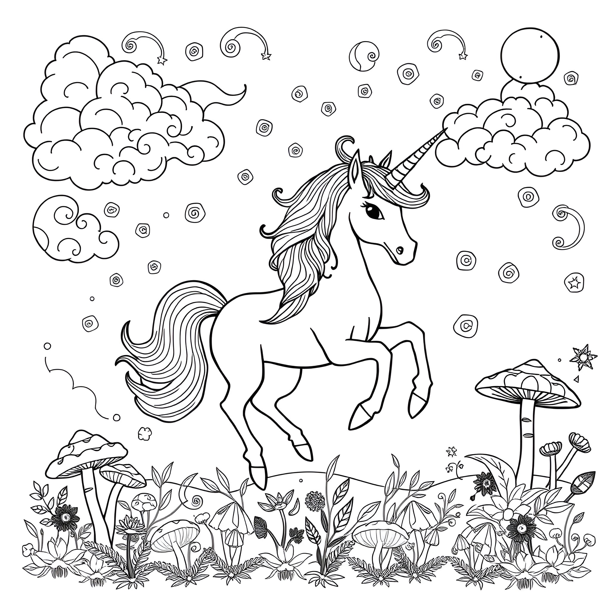 Unicorn Frolicking in a Whimsical Meadow Coloring Page (free black-and-white line drawing printable PDF for all, from beginners to advanced learners, including children, teens, adults, and seniors)