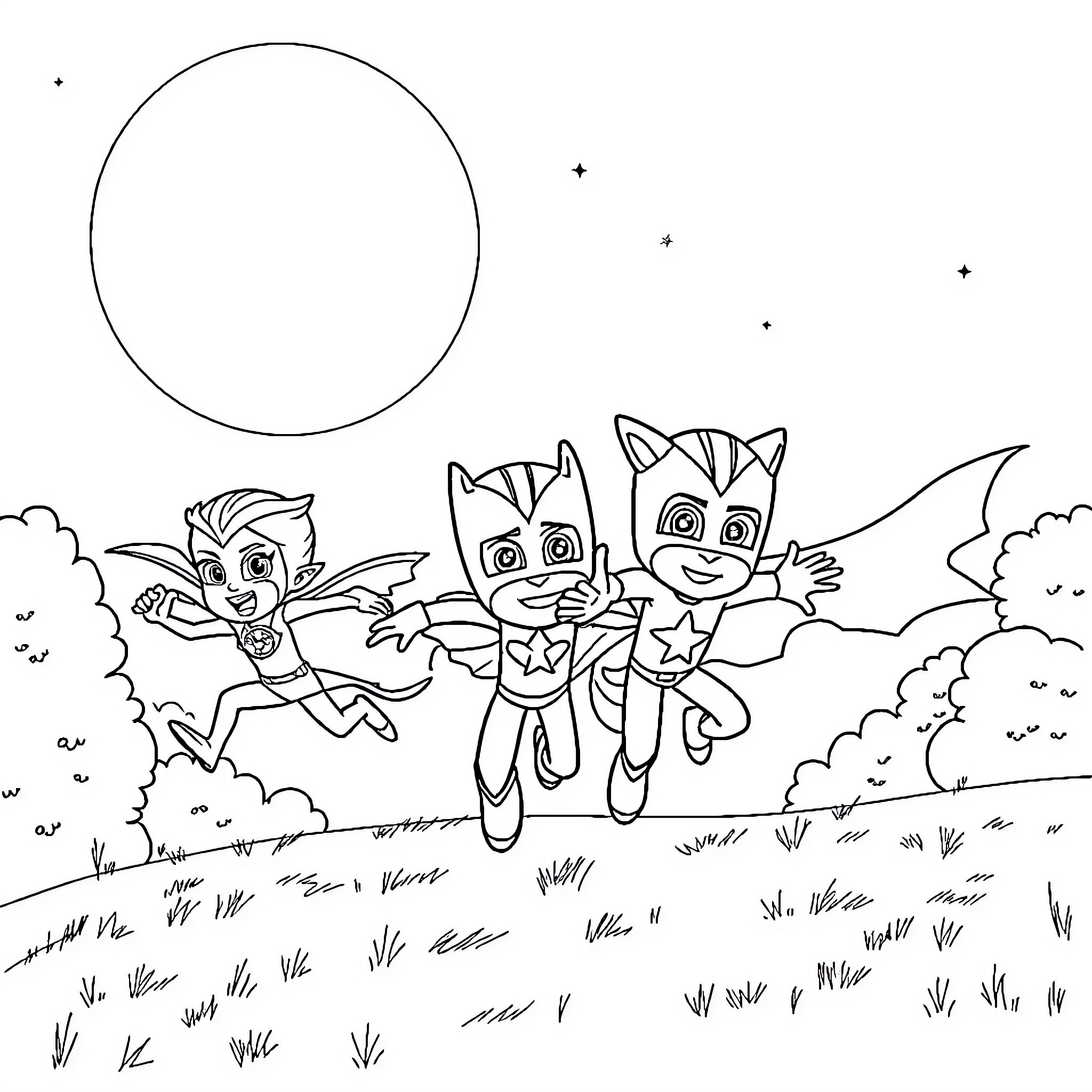 Pj Masks characters in action-packed adventure Coloring Page (free black-and-white line drawing printable PDF for all, from beginners to advanced learners, including children, teens, adults, and seniors)