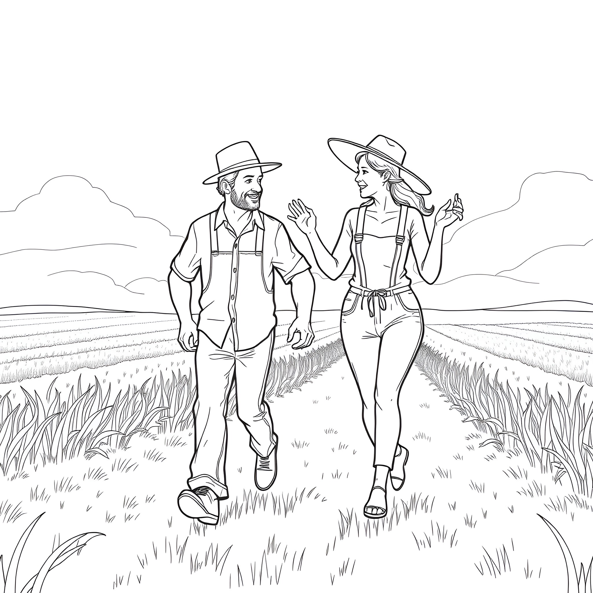 Farmer couple happily strolling through the countryside Coloring Page (free black-and-white line drawing printable PDF for all, from beginners to advanced learners, including children, teens, adults, and seniors)