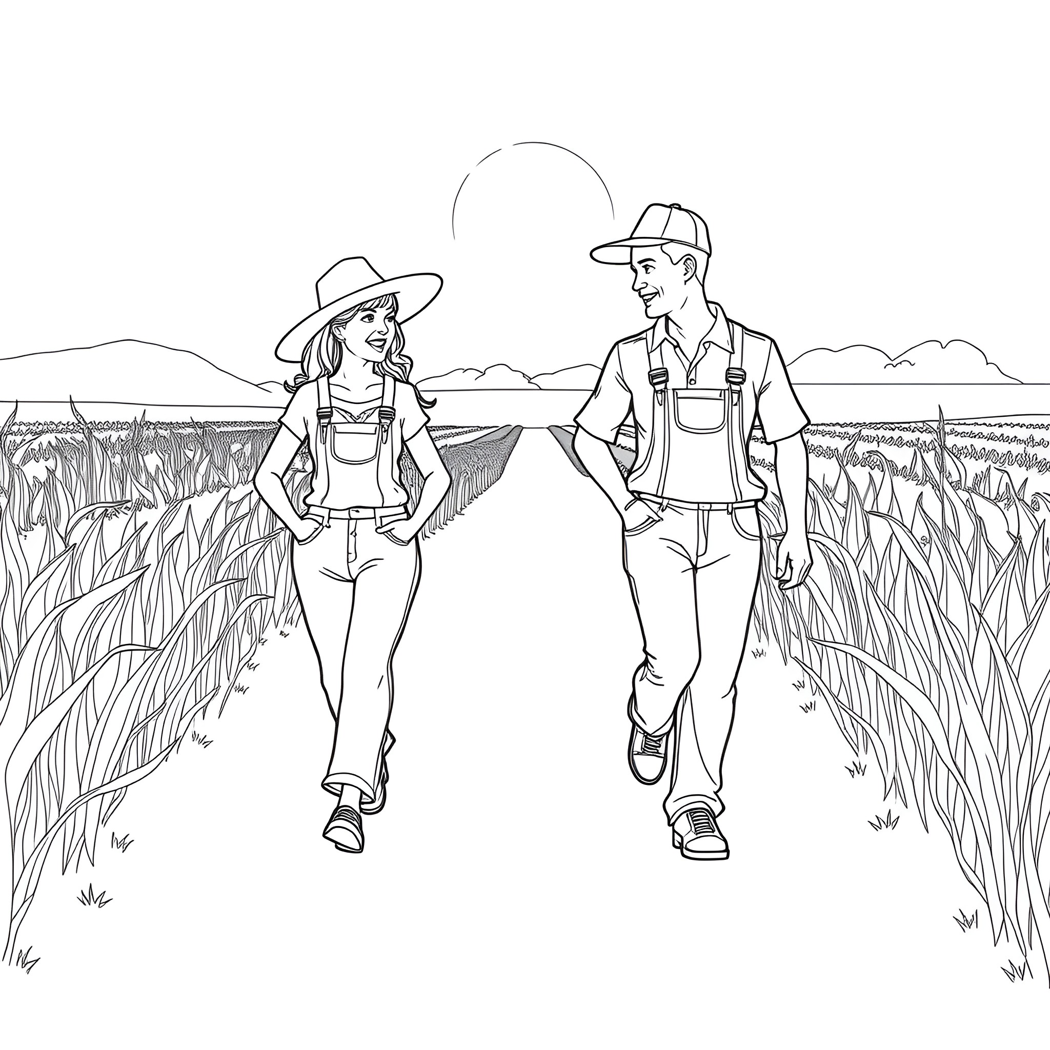 Farmer couple walking together in the countryside Coloring Page (free black-and-white line drawing printable PDF for all, from beginners to advanced learners, including children, teens, adults, and seniors)