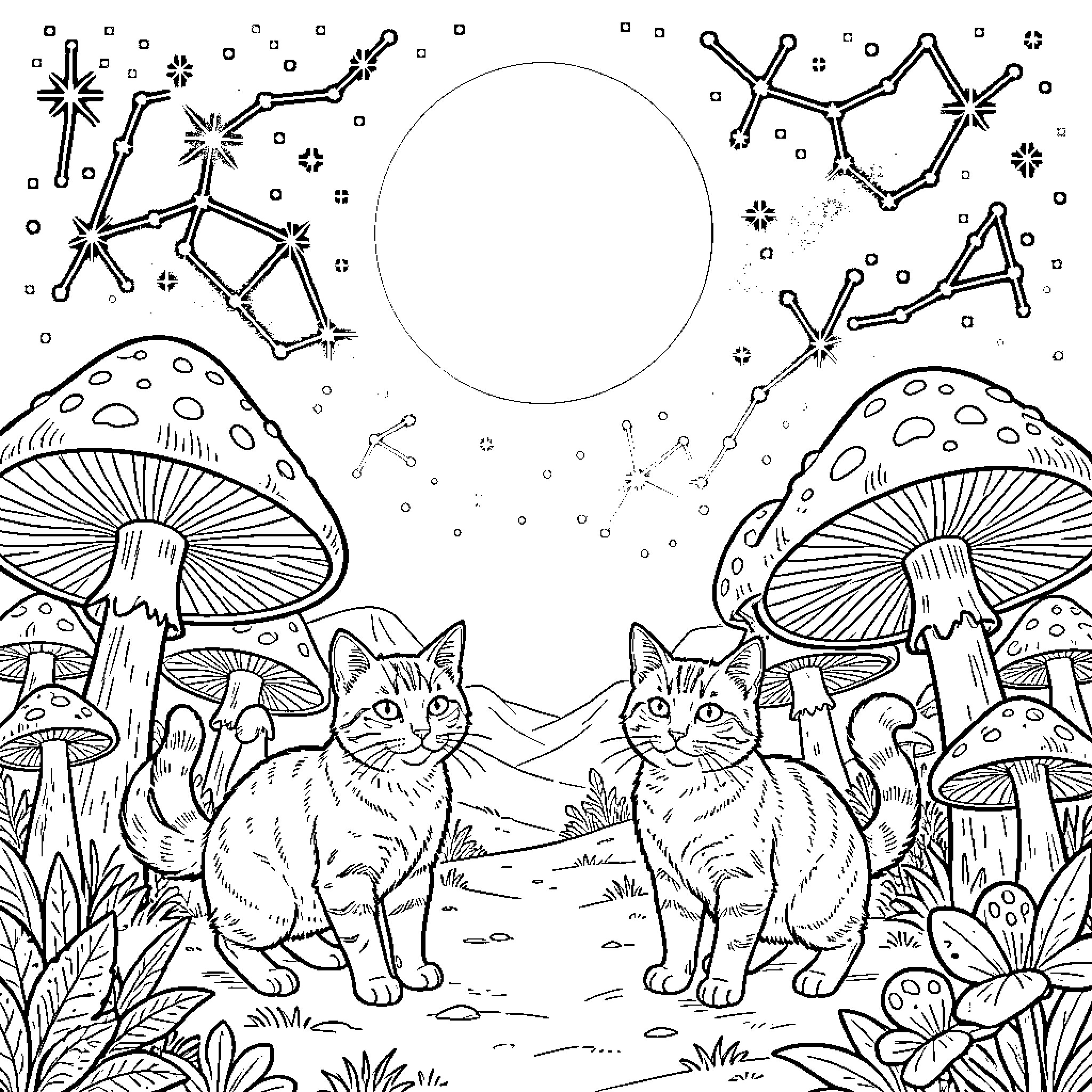 Gato playing in a fantastical mushroom forest Coloring Page (free black-and-white line drawing printable PDF for all, from beginners to advanced learners, including children, teens, adults, and seniors)