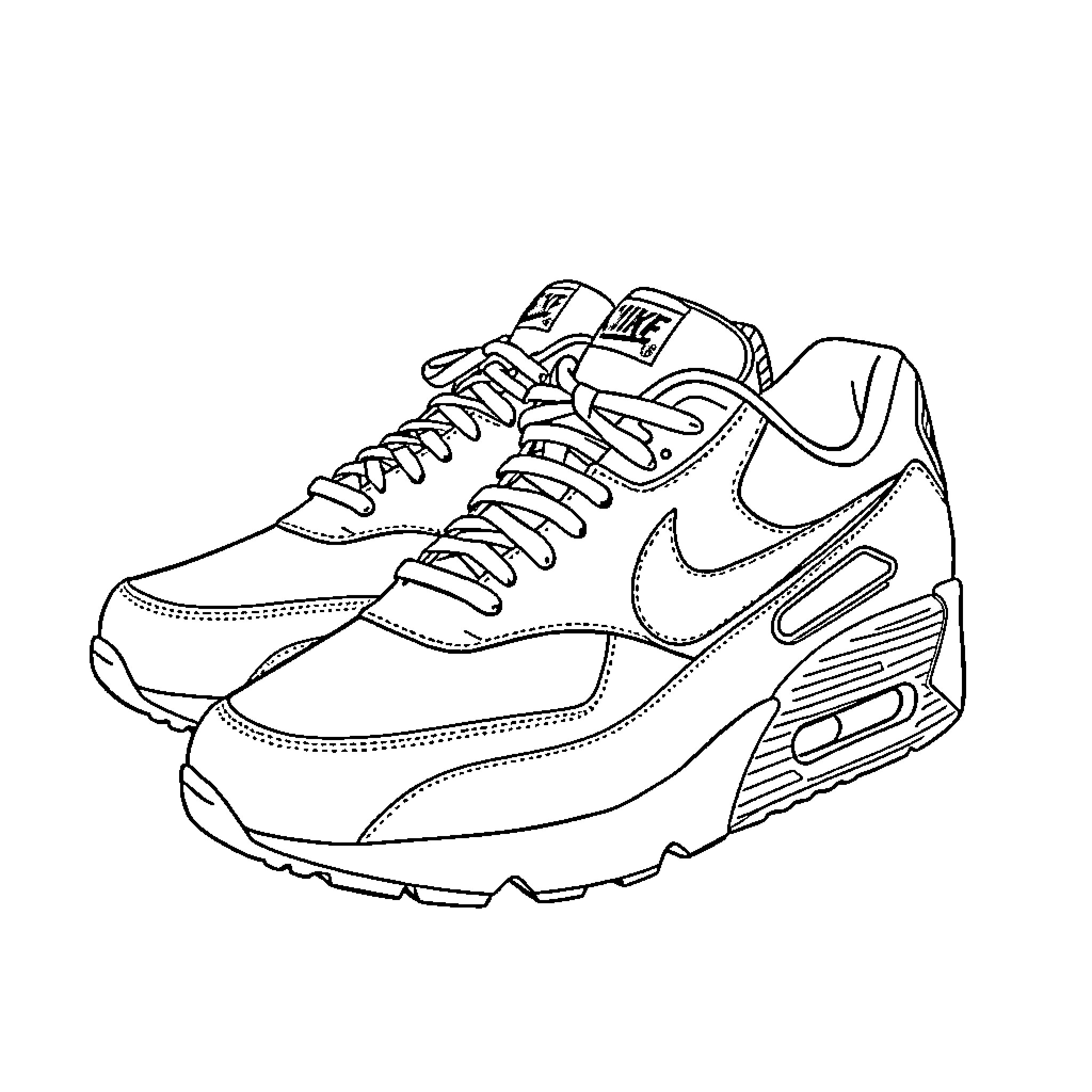 Nike Air Shoes in Outlined Design Coloring Page (free black-and-white line drawing printable PDF for all, from beginners to advanced learners, including children, teens, adults, and seniors)