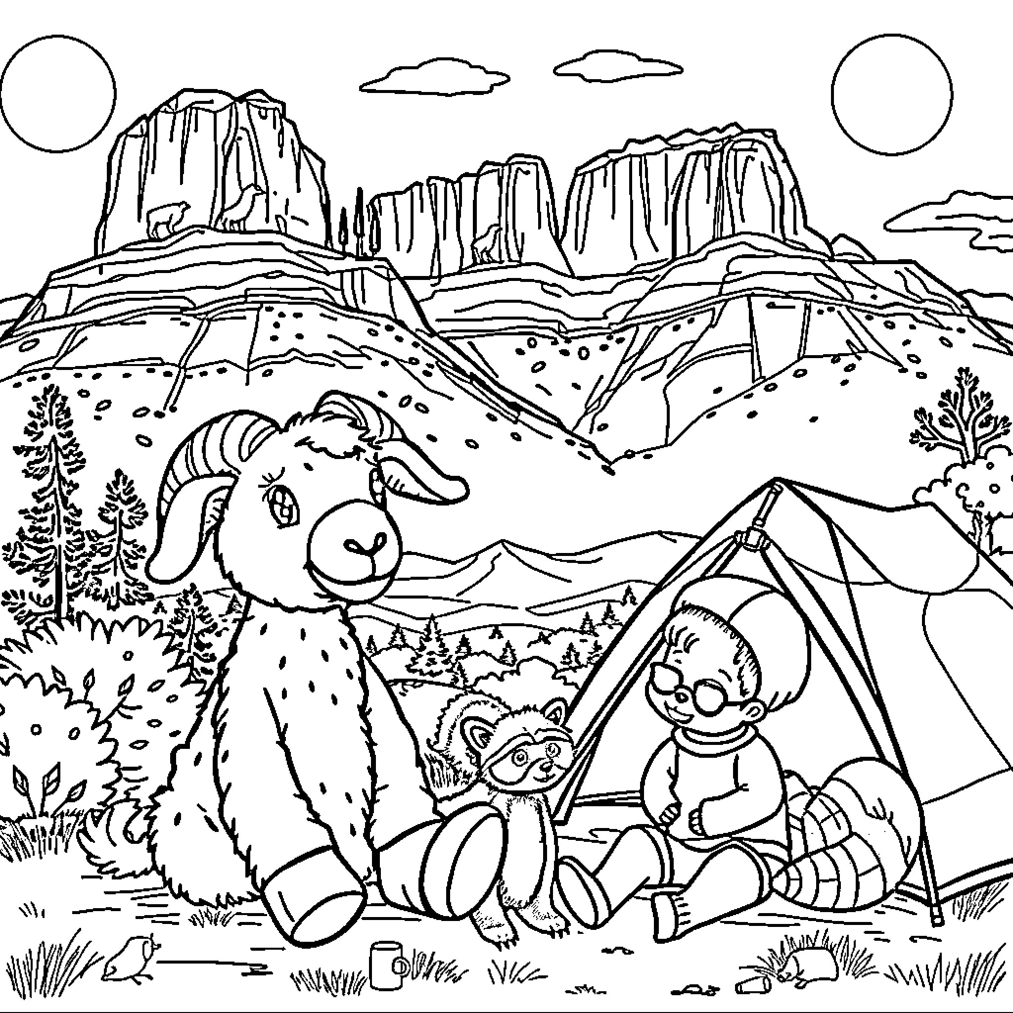 Goats enjoying the outdoors in the mountainous landscape Coloring Page (free black-and-white line drawing printable PDF for all, from beginners to advanced learners, including children, teens, adults, and seniors)