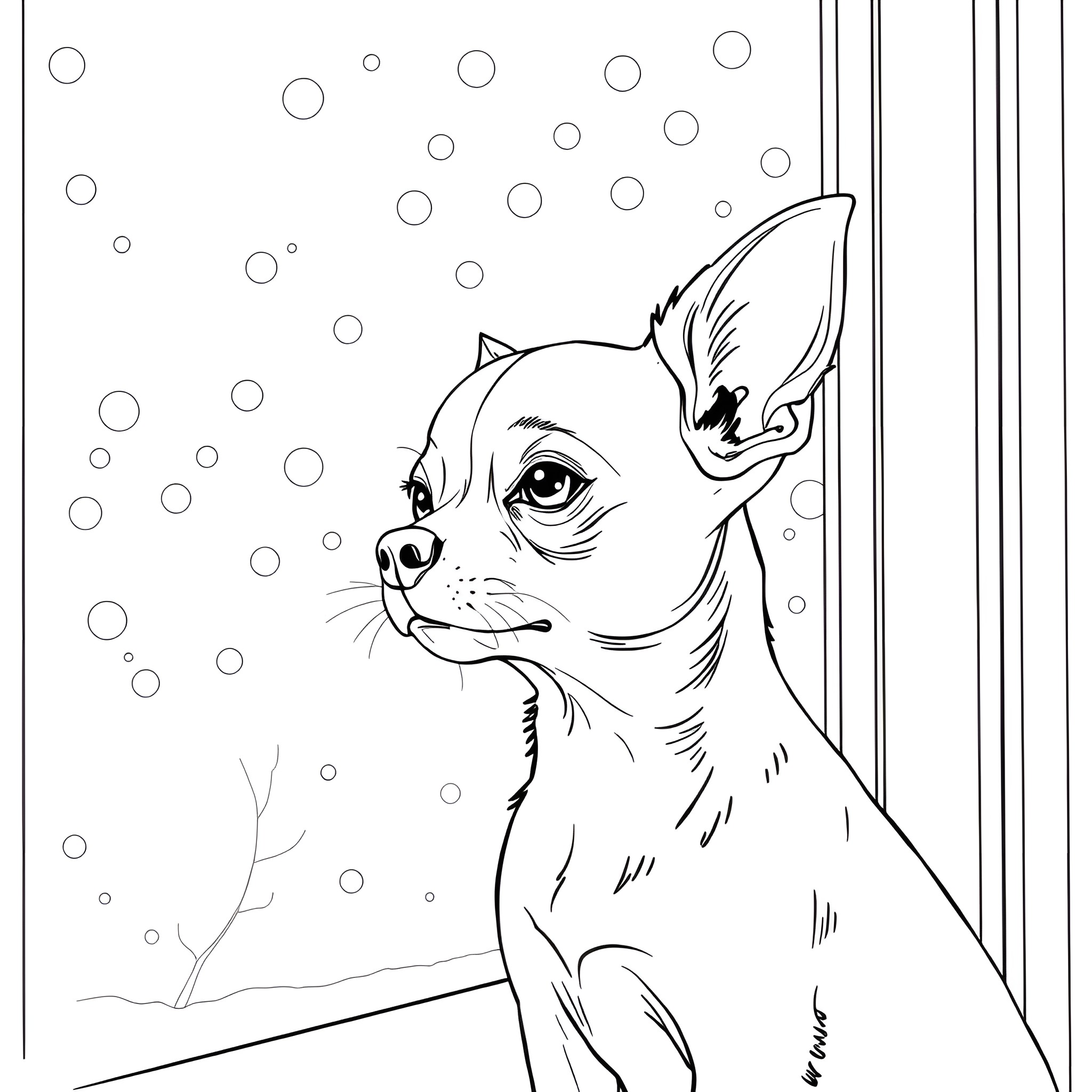 Chihuahua pup gazing through window Coloring Page (free black-and-white line drawing printable PDF for all, from beginners to advanced learners, including children, teens, adults, and seniors)