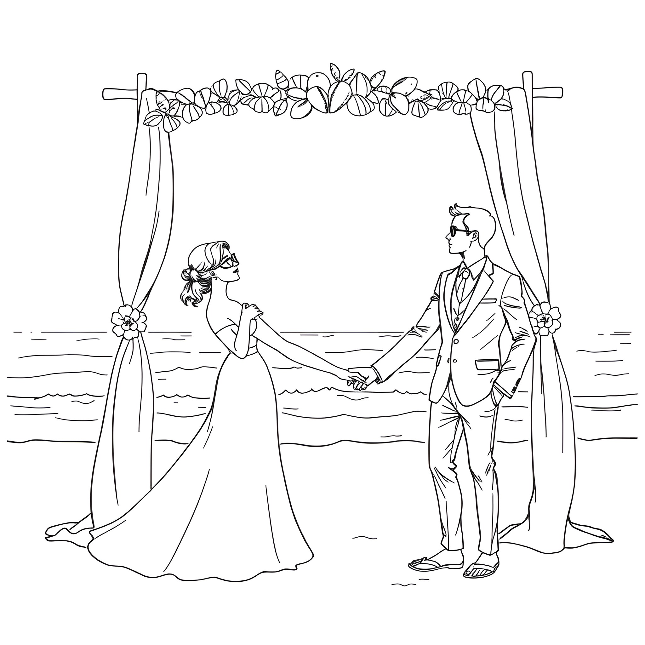 Wedding ceremony with bride and groom at the beach Coloring Page (free black-and-white line drawing printable PDF for all, from beginners to advanced learners, including children, teens, adults, and seniors)