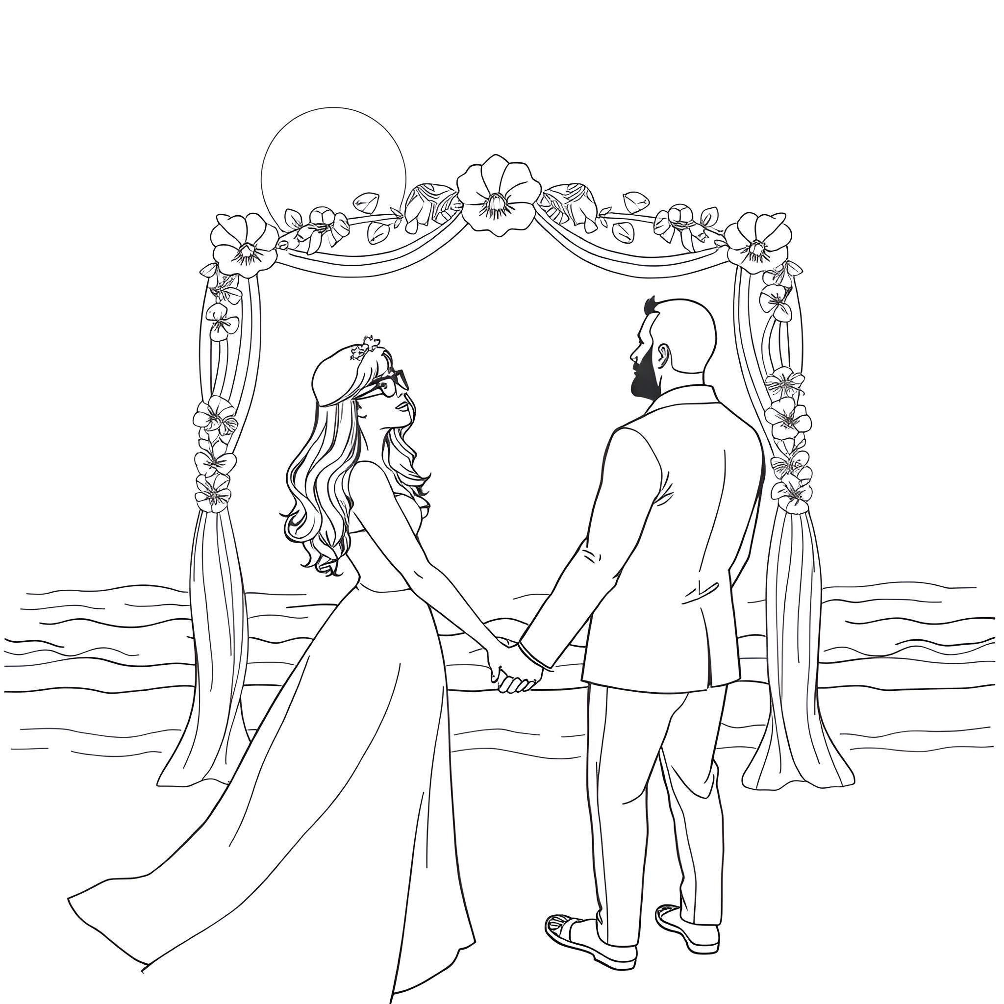 Wedding ceremony with bride and groom at the altar Coloring Page (free black-and-white line drawing printable PDF for all, from beginners to advanced learners, including children, teens, adults, and seniors)