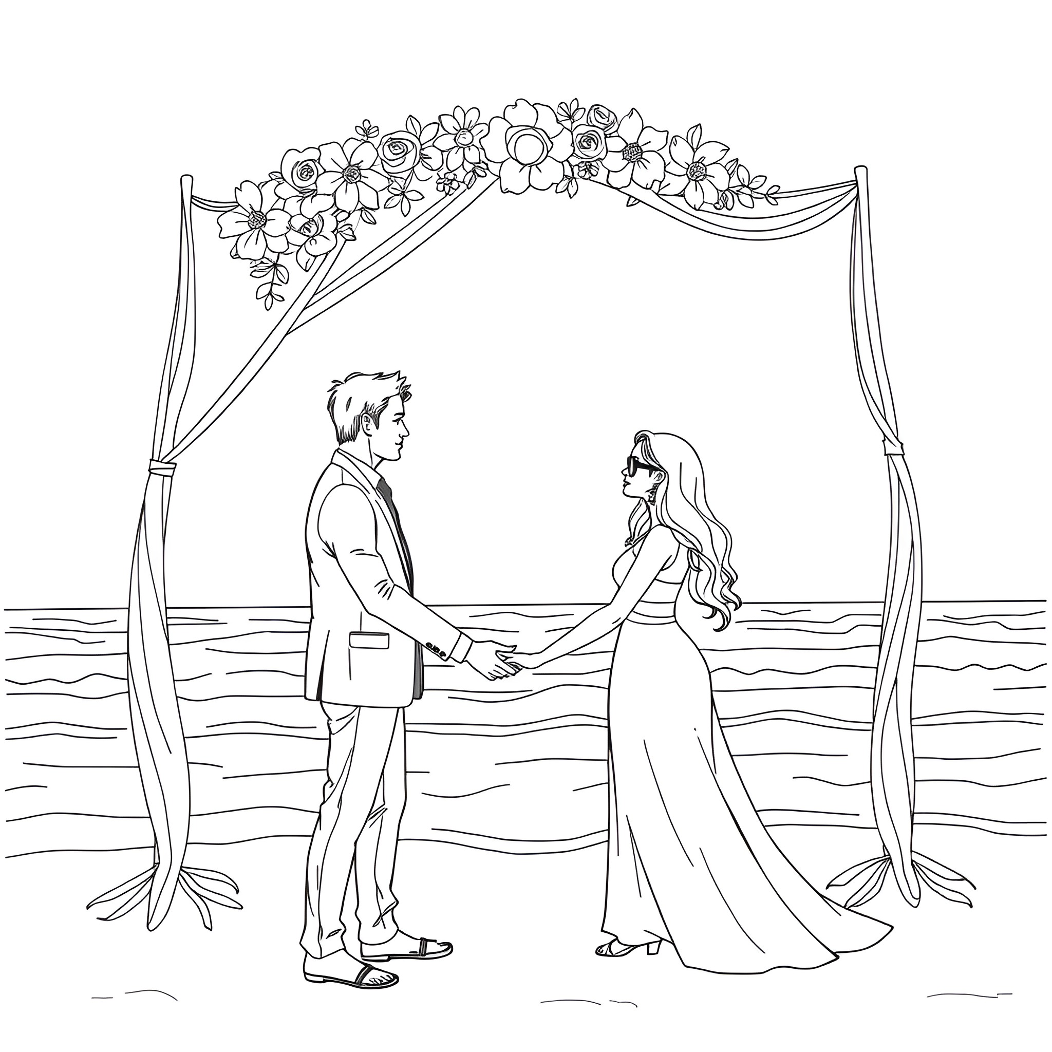 Wedding ceremony on the beach with floral arch Coloring Page (free black-and-white line drawing printable PDF for all, from beginners to advanced learners, including children, teens, adults, and seniors)