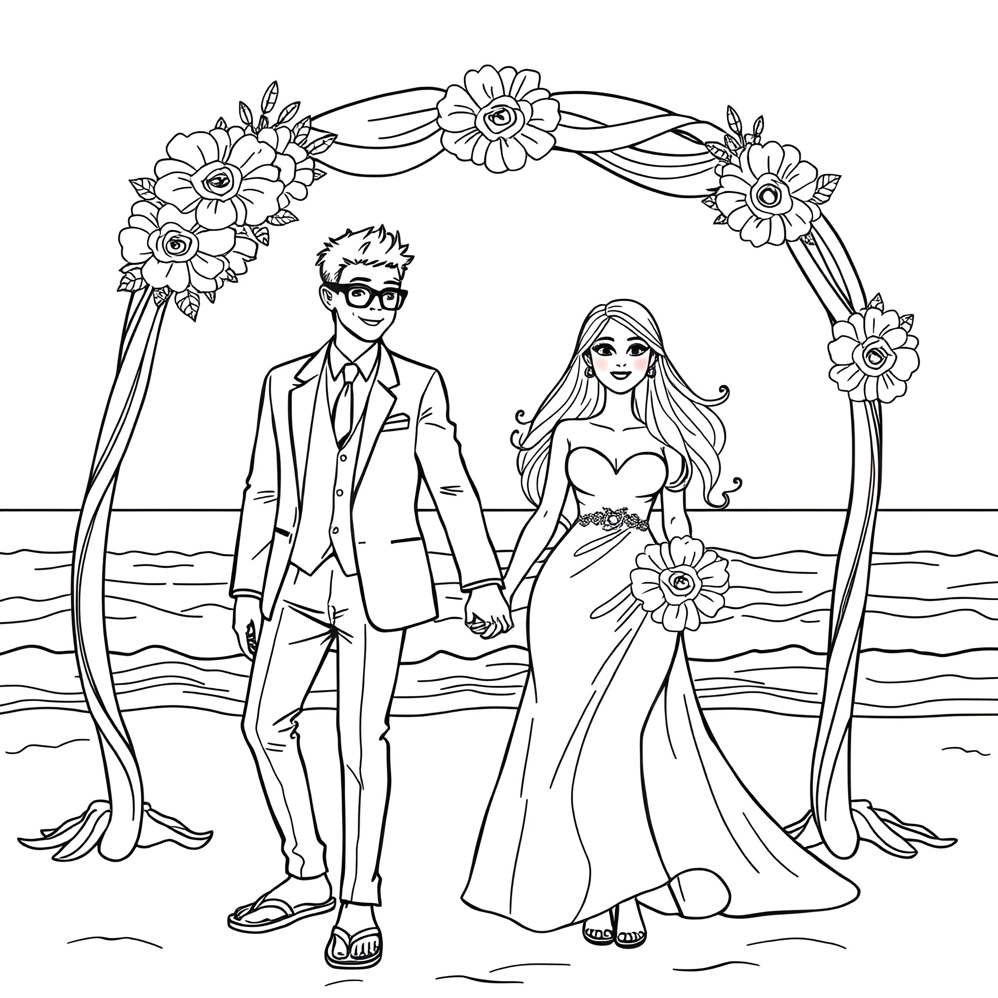 Wedding couple standing under floral arch on beach Coloring Page (free black-and-white line drawing printable PDF for all, from beginners to advanced learners, including children, teens, adults, and seniors)