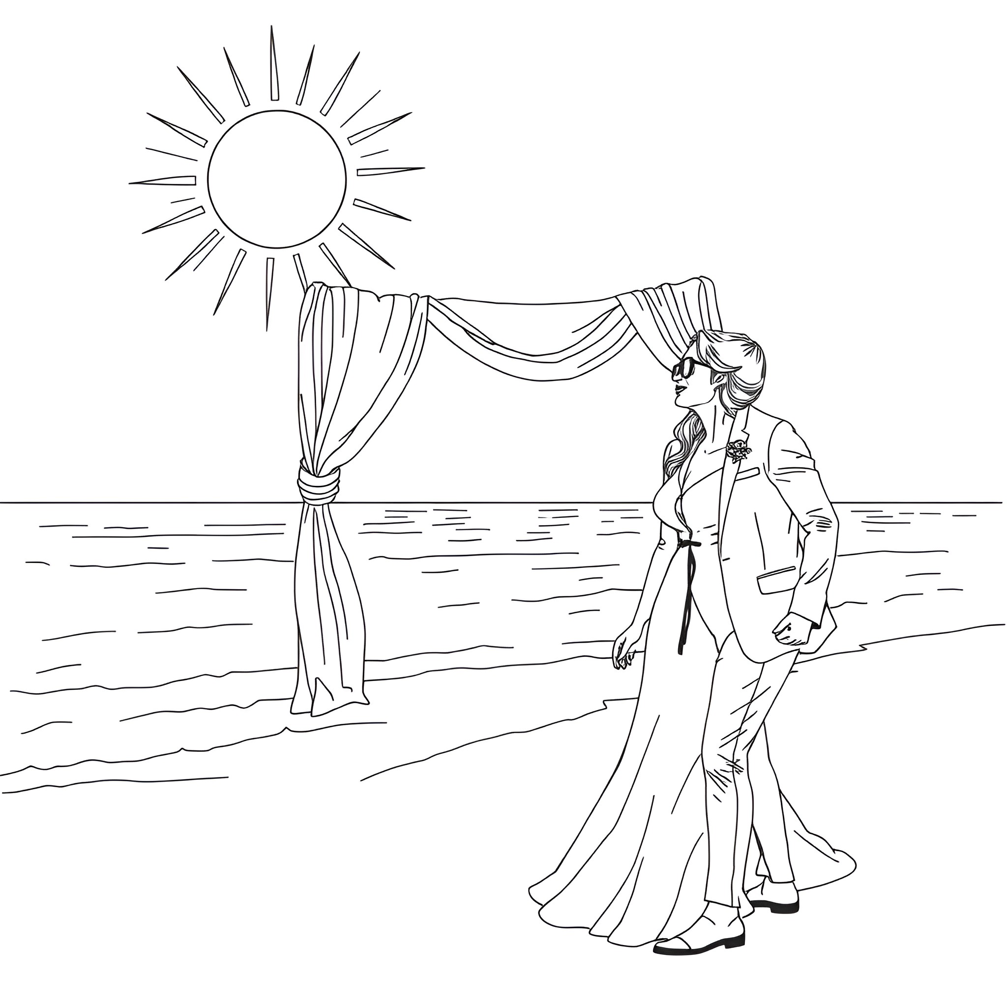 Wedding by the Sunset on the Beach Coloring Page (free black-and-white line drawing printable PDF for all, from beginners to advanced learners, including children, teens, adults, and seniors)