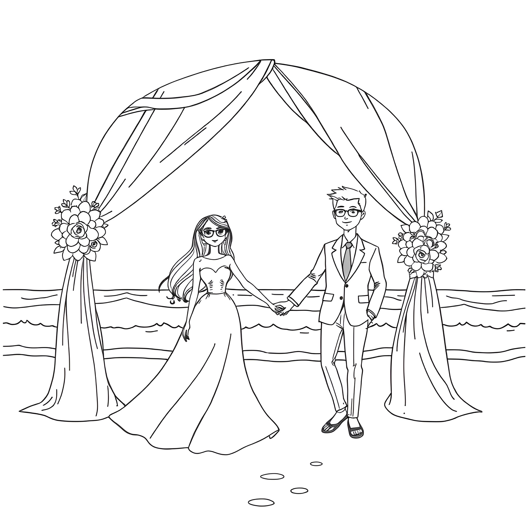 Wedding ceremony by the beach Coloring Page (free black-and-white line drawing printable PDF for all, from beginners to advanced learners, including children, teens, adults, and seniors)