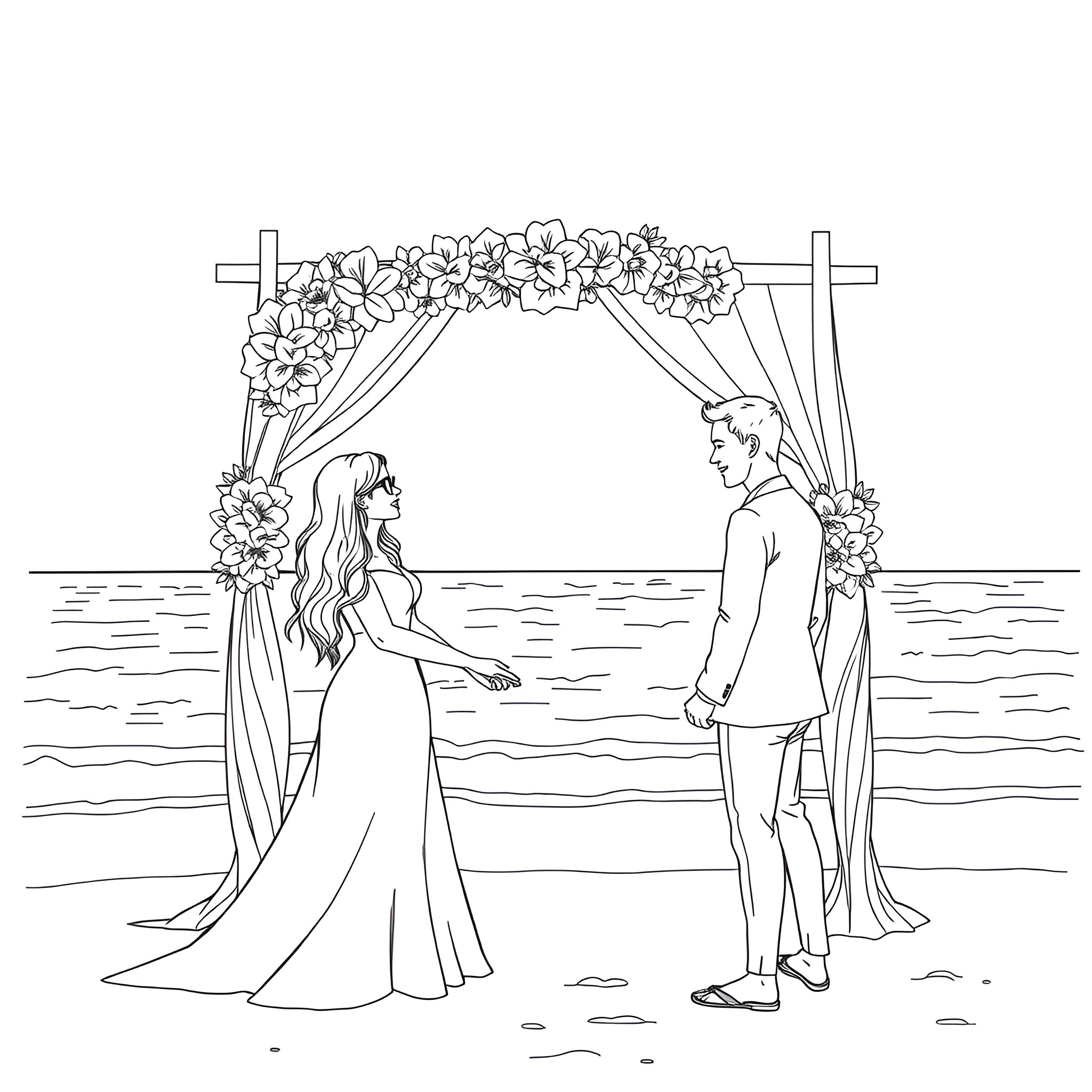 Wedding ceremony with bride and groom on the beach Coloring Page (free black-and-white line drawing printable PDF for all, from beginners to advanced learners, including children, teens, adults, and seniors)