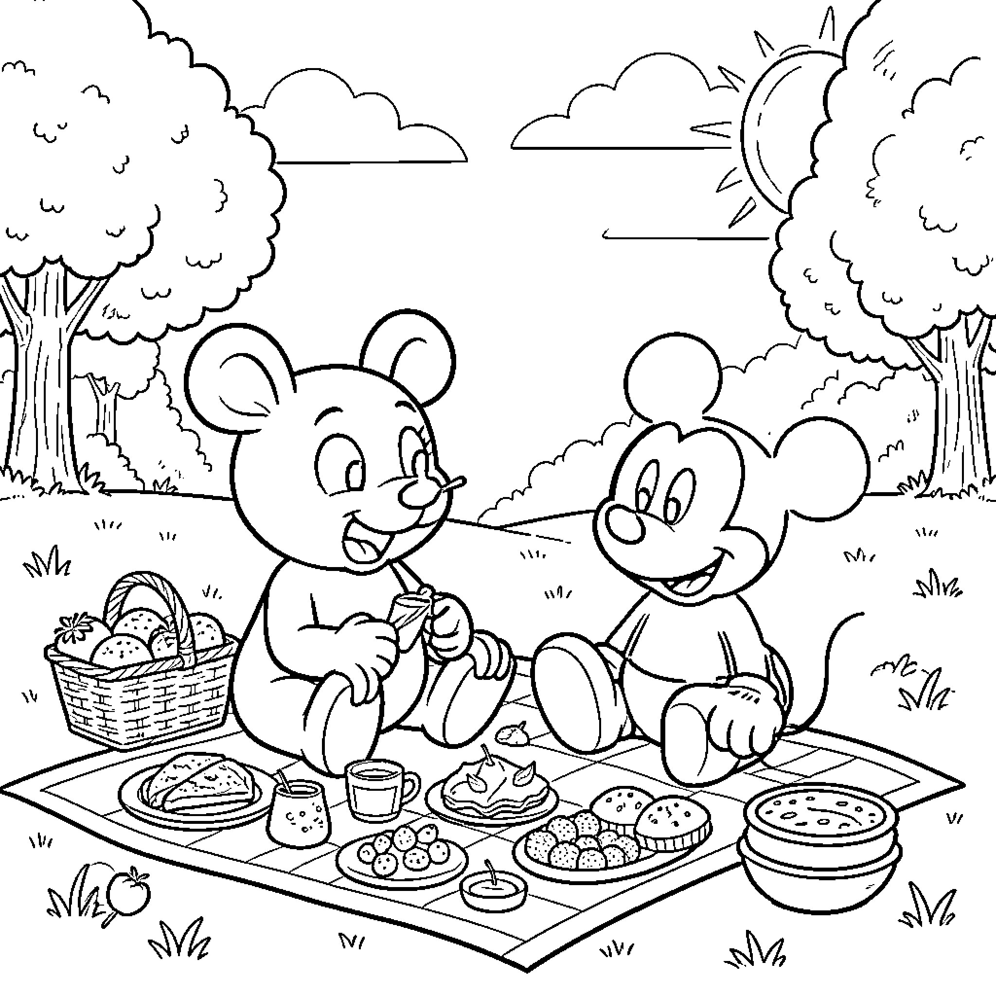 Noo Noo mice sharing a picnic in the park Coloring Page (free black-and-white line drawing printable PDF for all, from beginners to advanced learners, including children, teens, adults, and seniors)