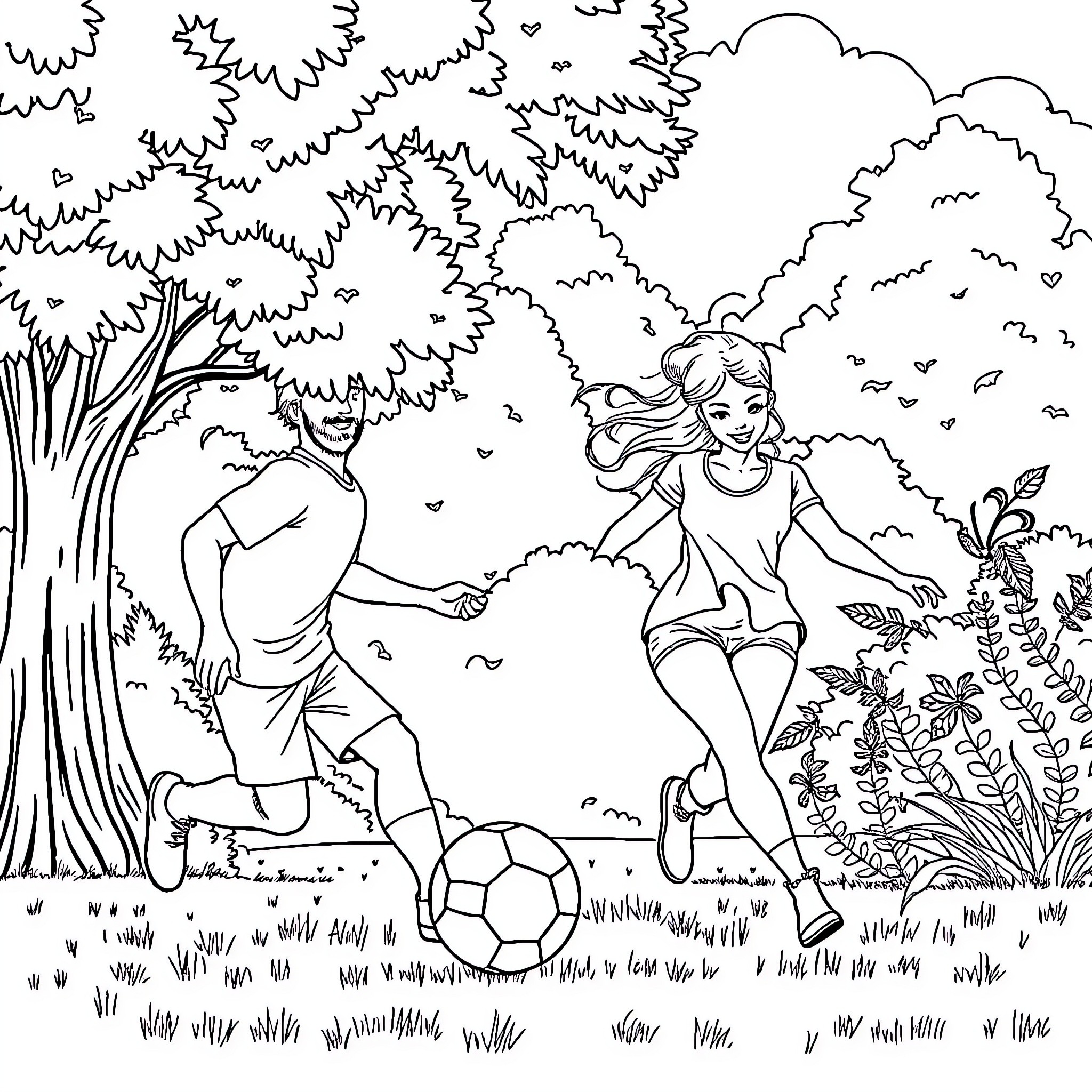 Couple playing with ball in the park Coloring Page (free black-and-white line drawing printable PDF for all, from beginners to advanced learners, including children, teens, adults, and seniors)