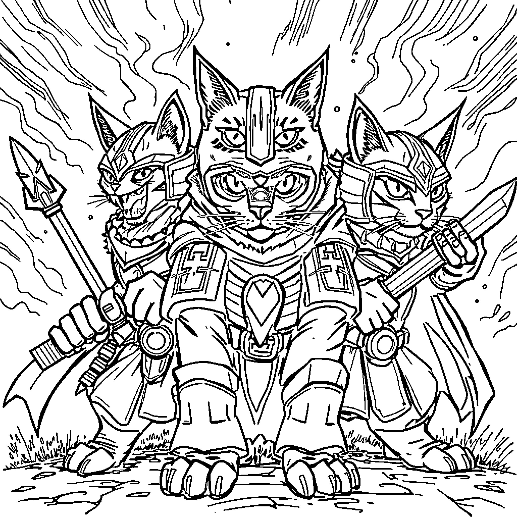 Cat warriors wielding weapons in battle Coloring Page (free black-and-white line drawing printable PDF for all, from beginners to advanced learners, including children, teens, adults, and seniors)
