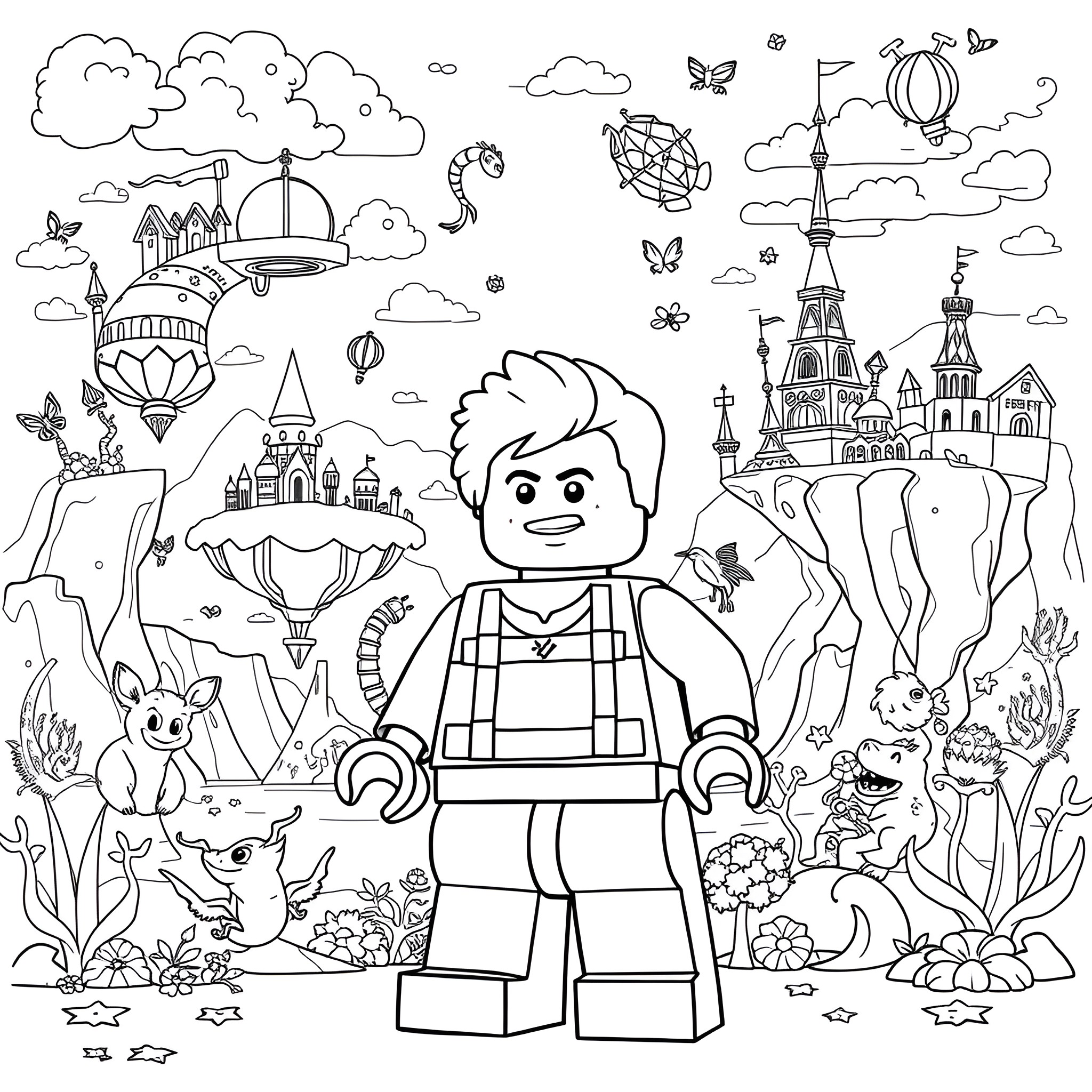 Mateo's Lego Adventure in a Whimsical World Coloring Page (free black-and-white line drawing printable PDF for all, from beginners to advanced learners, including children, teens, adults, and seniors)