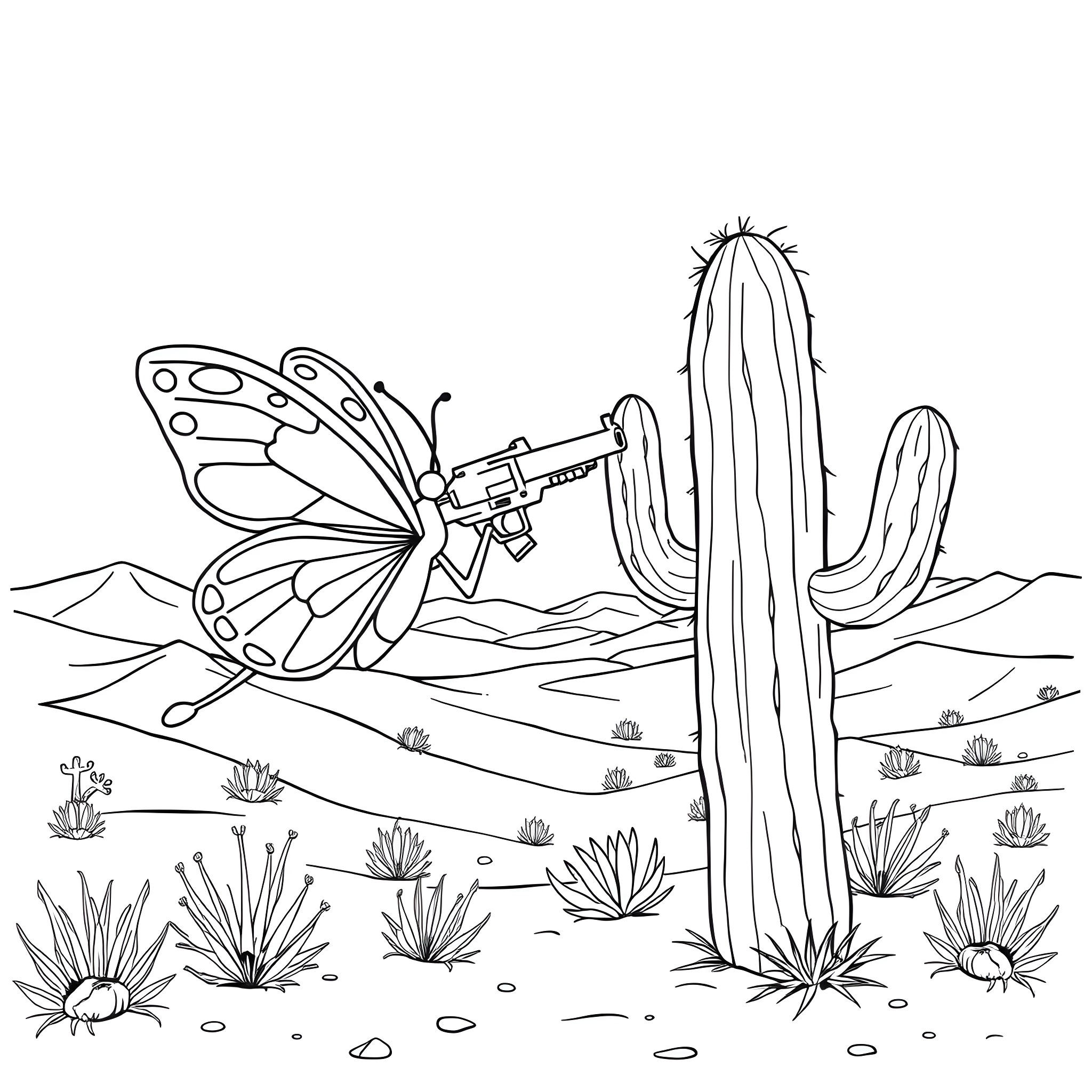 Butterfly flying near desert cactus Coloring Page (free black-and-white line drawing printable PDF for all, from beginners to advanced learners, including children, teens, adults, and seniors)