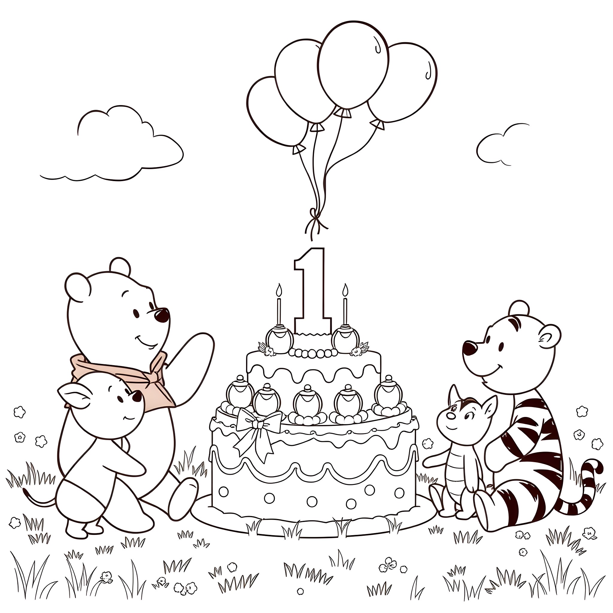 Winnie The Pooh Celebrates a Birthday Party Coloring Page (free black-and-white line drawing printable PDF for all, from beginners to advanced learners, including children, teens, adults, and seniors)