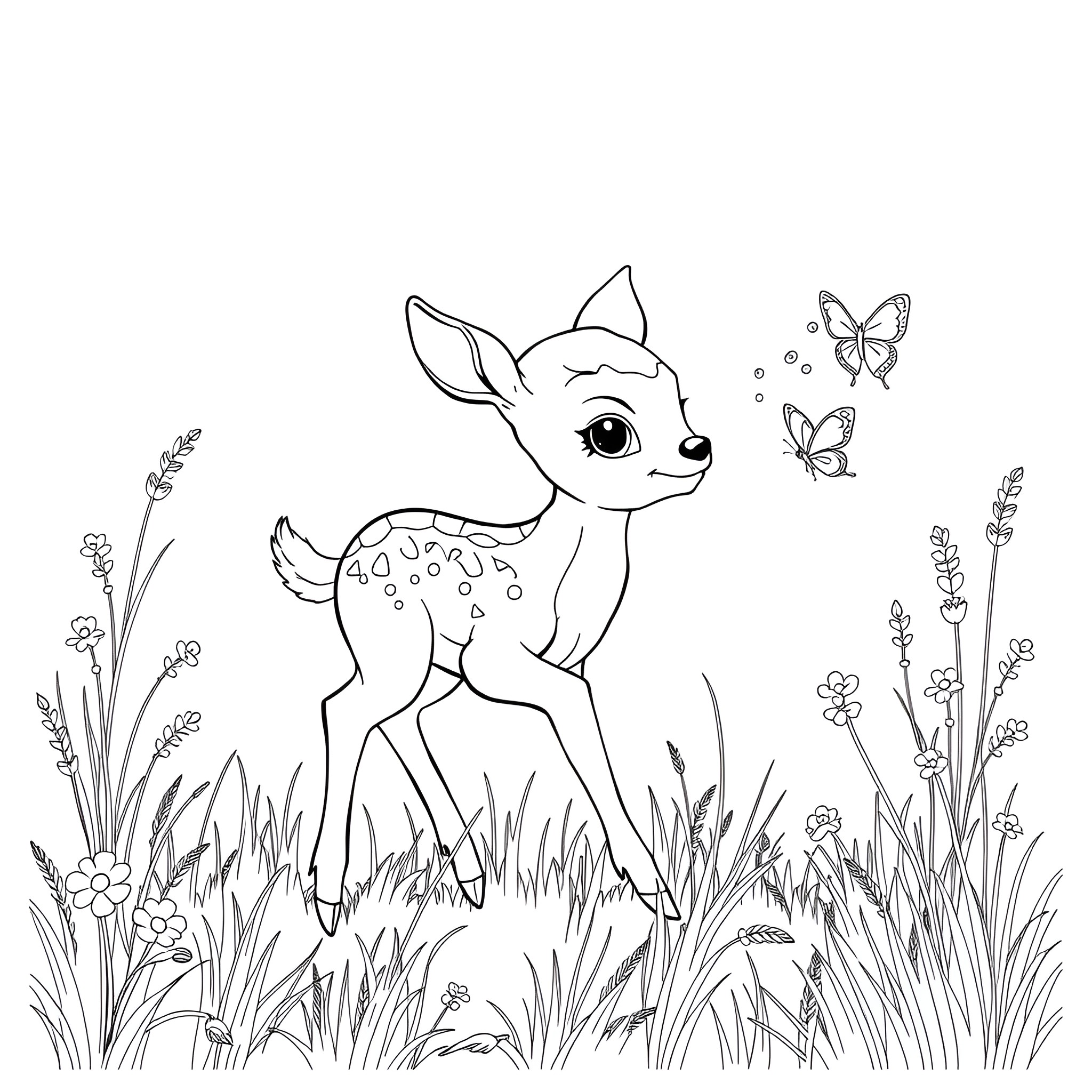 Deer cub exploring the meadow with butterflies Coloring Page (free black-and-white line drawing printable PDF for all, from beginners to advanced learners, including children, teens, adults, and seniors)
