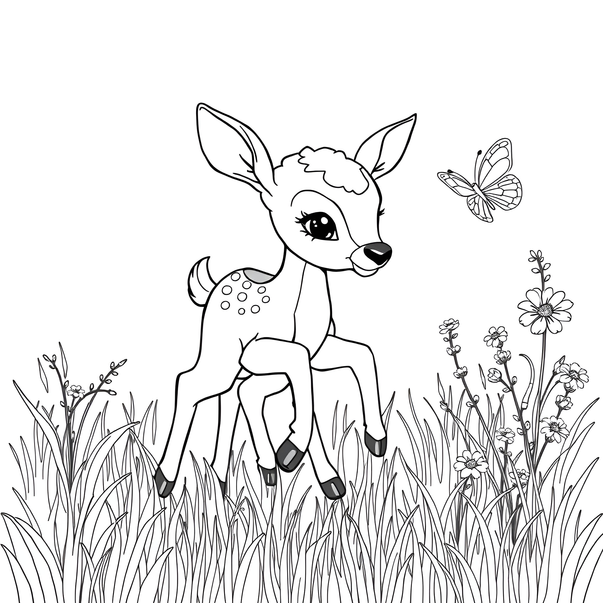 Deer fawn standing in a field with butterflies Coloring Page (free black-and-white line drawing printable PDF for all, from beginners to advanced learners, including children, teens, adults, and seniors)