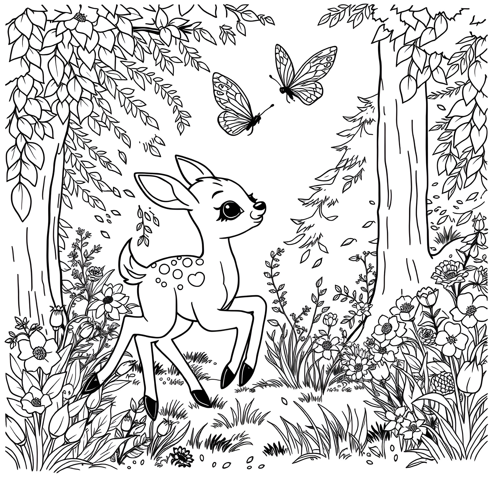 Baby Deer frolicking in a whimsical forest Coloring Page (free black-and-white line drawing printable PDF for all, from beginners to advanced learners, including children, teens, adults, and seniors)