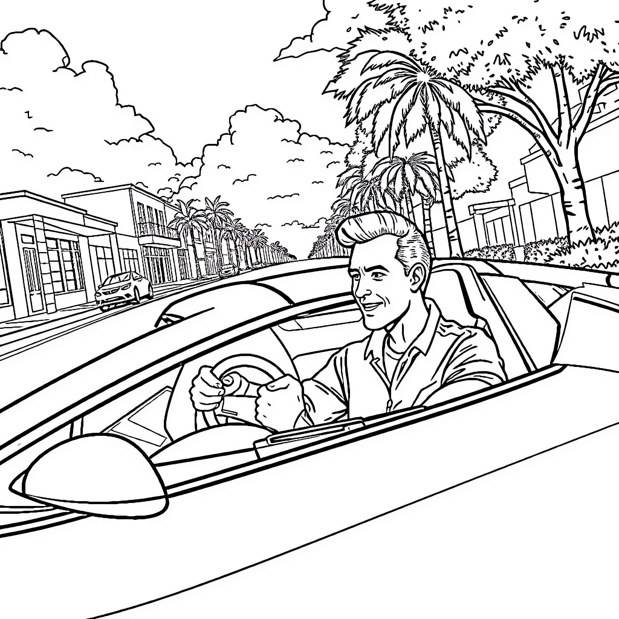 Lambo driver explores palm-lined city streets Coloring Page (free black-and-white line drawing printable PDF for all, from beginners to advanced learners, including children, teens, adults, and seniors)