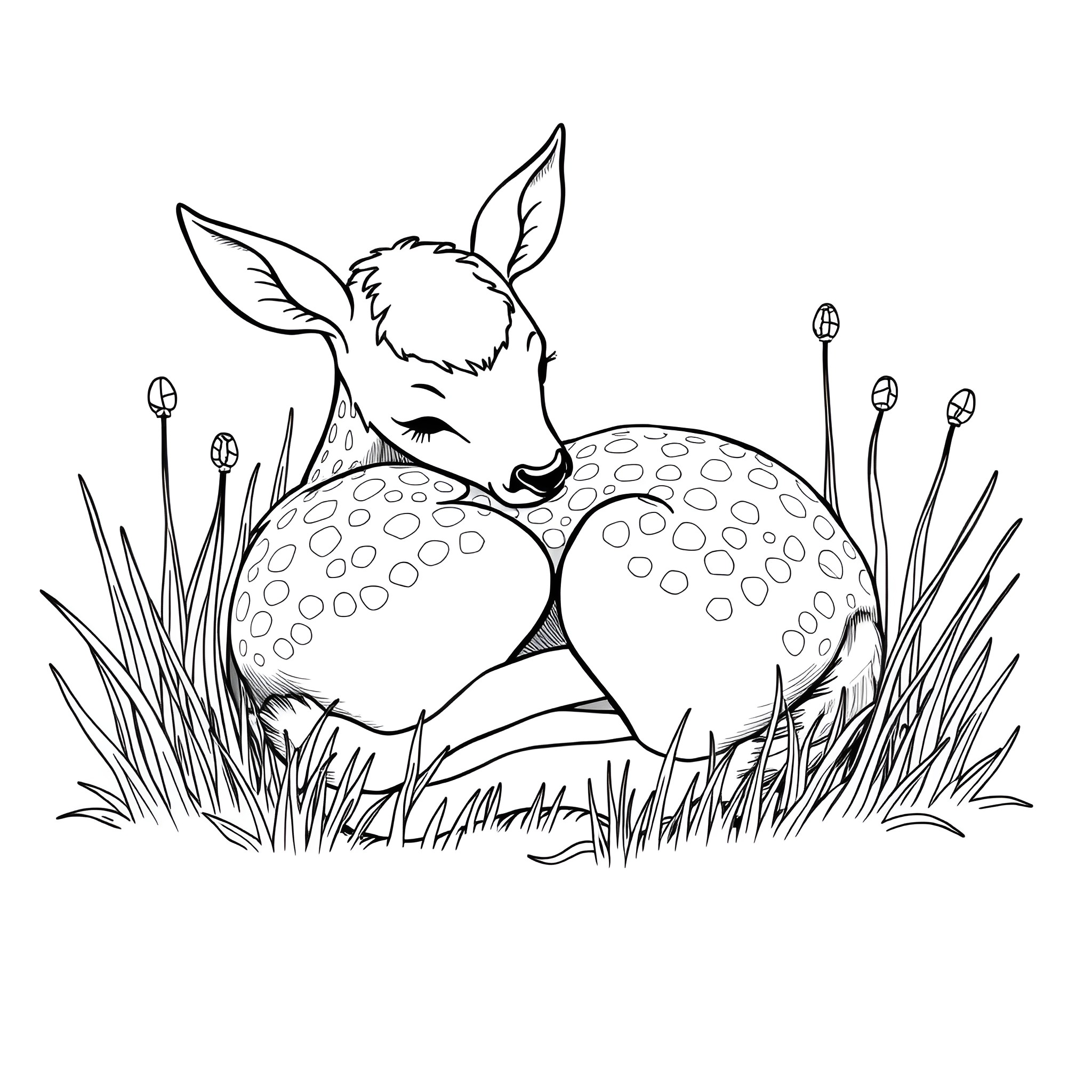 Baby Deer resting peacefully in the grass Coloring Page (free black-and-white line drawing printable PDF for all, from beginners to advanced learners, including children, teens, adults, and seniors)