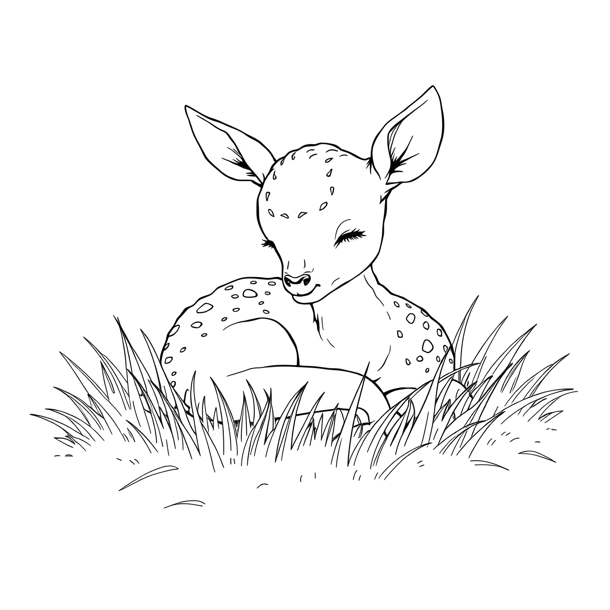 Baby Deer resting in the grass Coloring Page (free black-and-white line drawing printable PDF for all, from beginners to advanced learners, including children, teens, adults, and seniors)