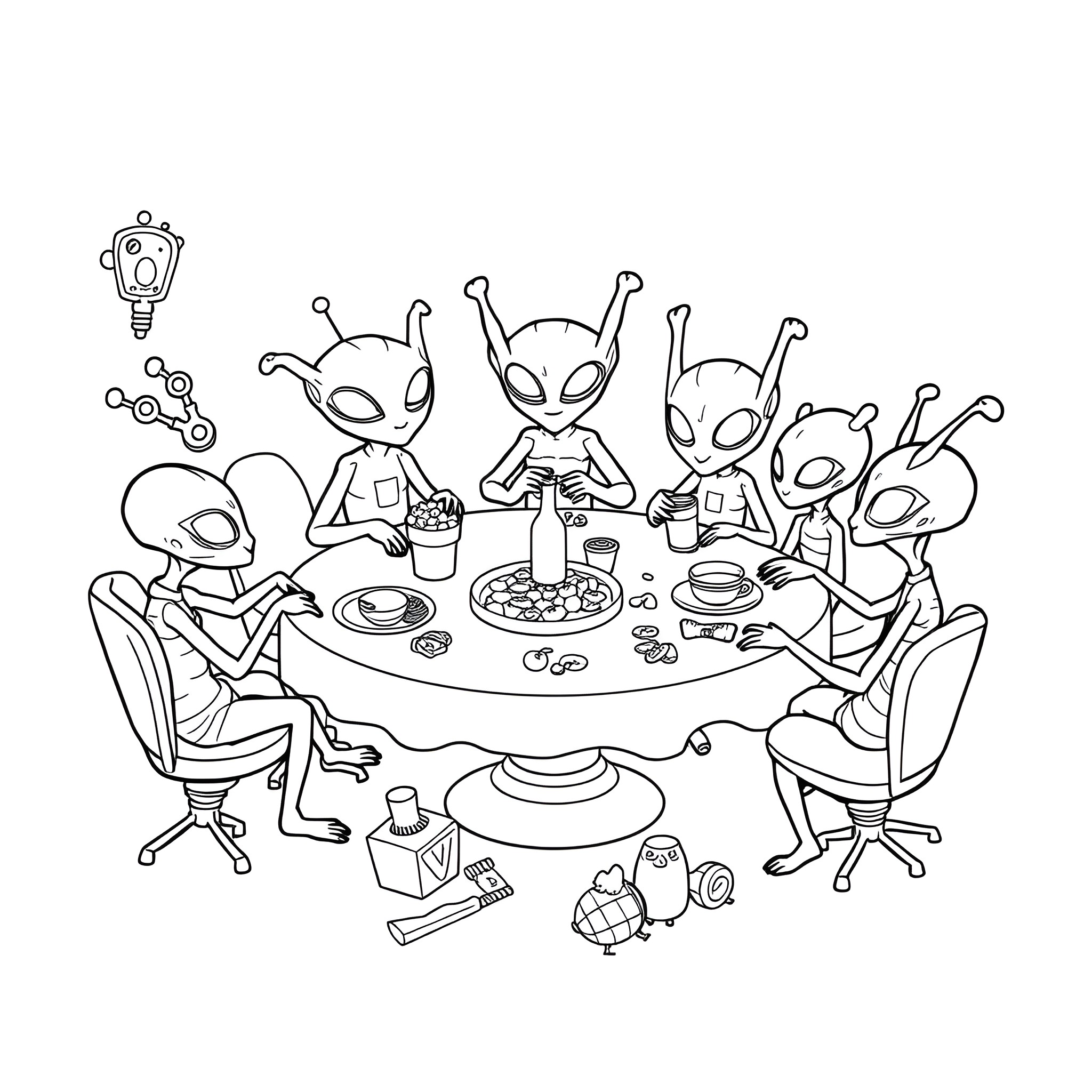 Alien family enjoying a meal together Coloring Page (free black-and-white line drawing printable PDF for all, from beginners to advanced learners, including children, teens, adults, and seniors)