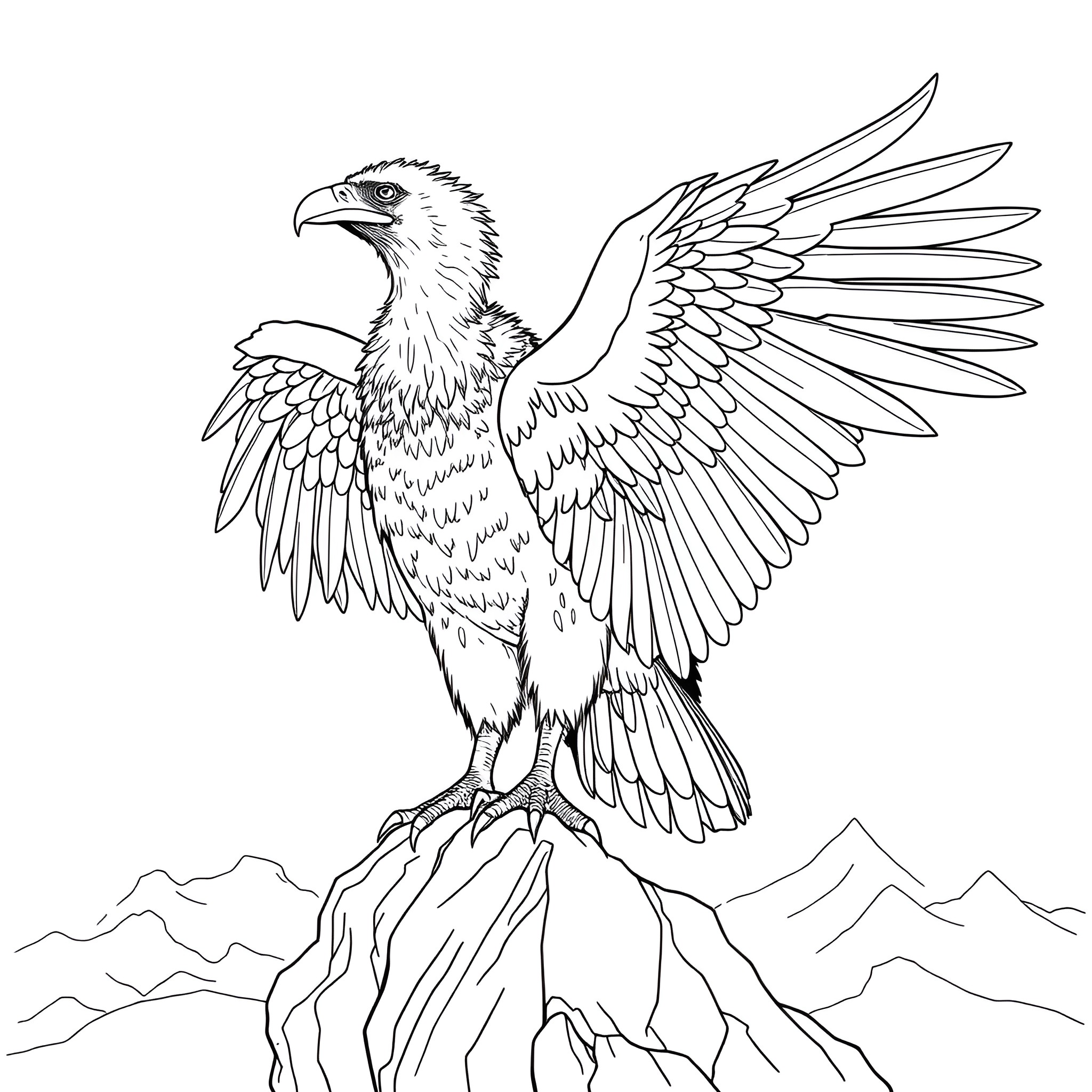 Vulture with outstretched wings perched on a rocky mountain Coloring Page (free black-and-white line drawing printable PDF for all, from beginners to advanced learners, including children, teens, adults, and seniors)