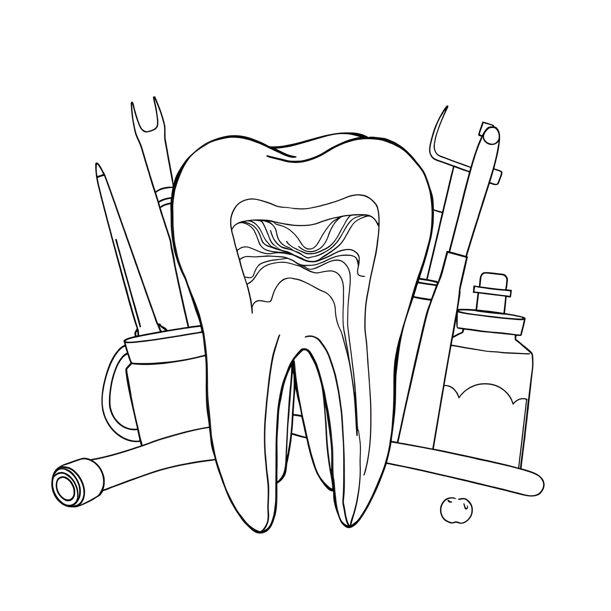 Tooth with Dental Tools Illustration Coloring Page (free black-and-white line drawing printable PDF for all, from beginners to advanced learners, including children, teens, adults, and seniors)