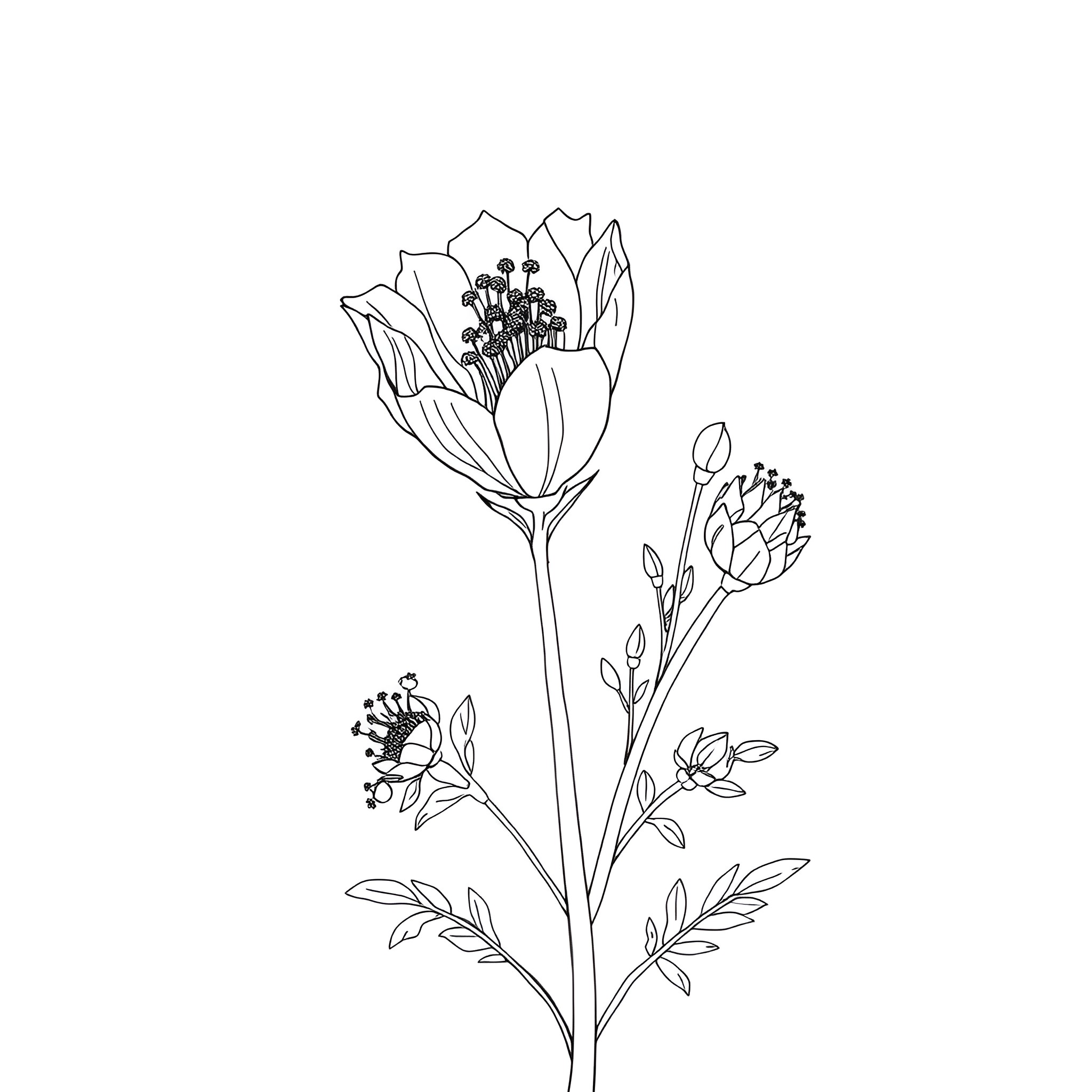 Flax Flower Bouquet Coloring Page (free black-and-white line drawing printable PDF for all, from beginners to advanced learners, including children, teens, adults, and seniors)