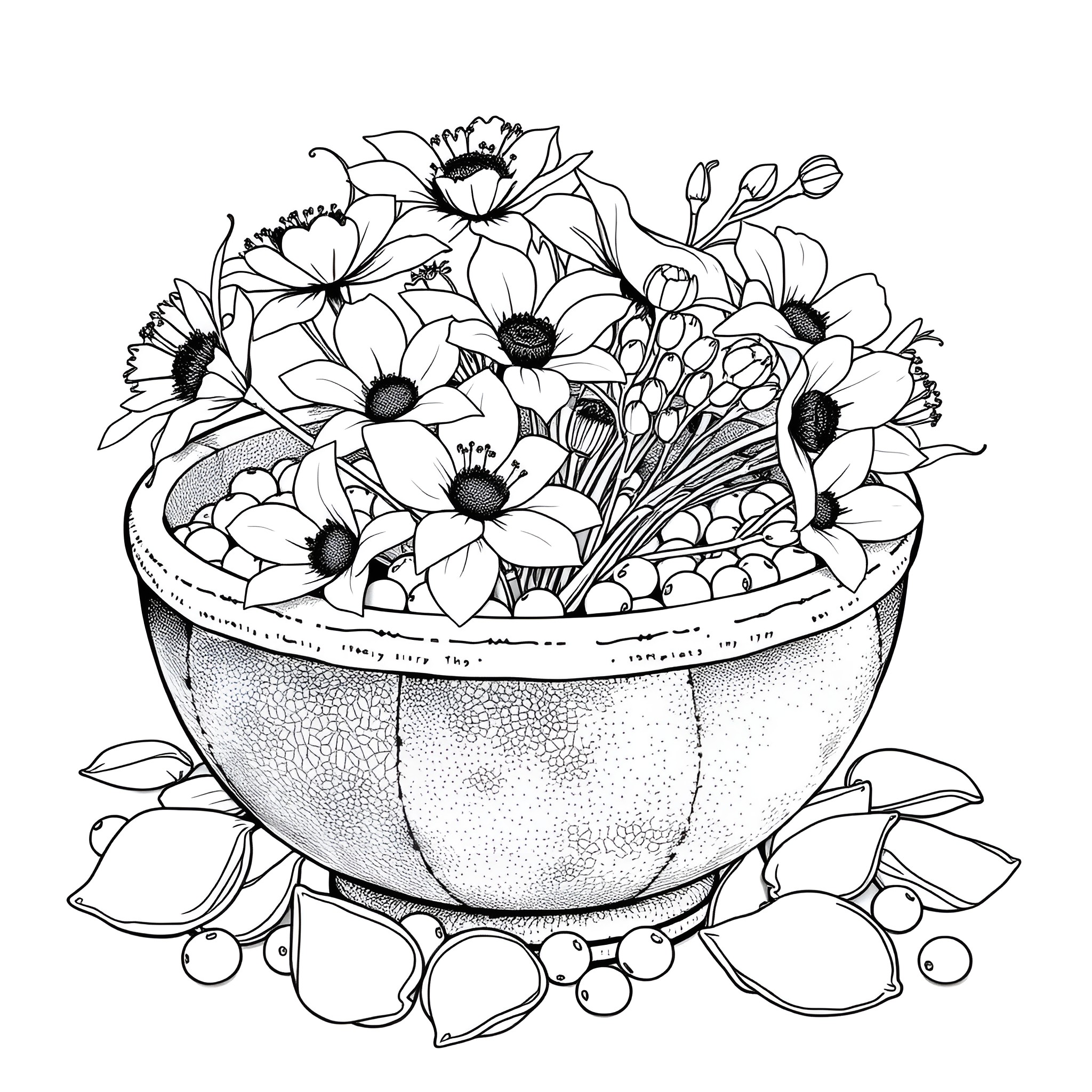 Flax flowers in a decorative bowl Coloring Page (free black-and-white line drawing printable PDF for all, from beginners to advanced learners, including children, teens, adults, and seniors)