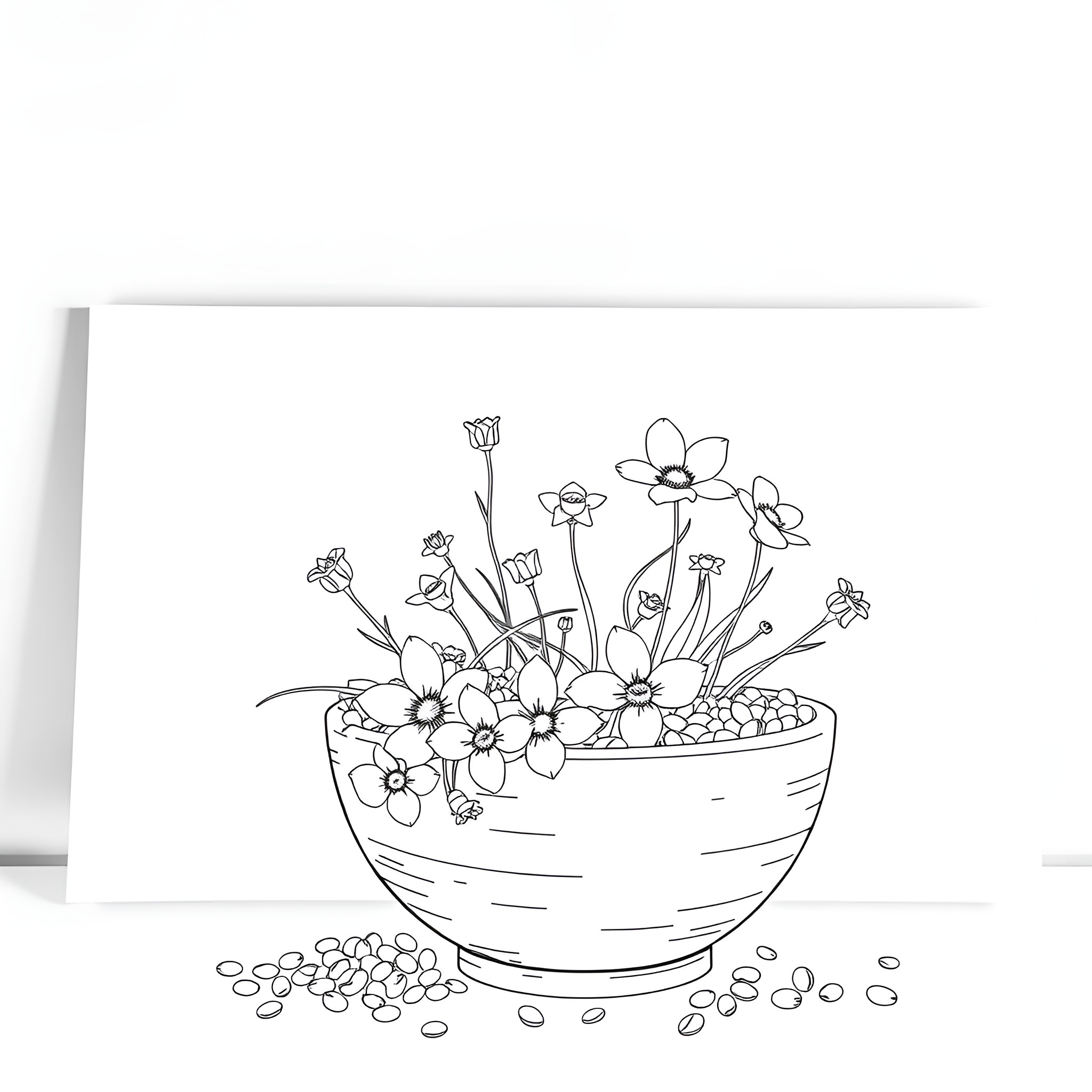 Flower Bouquet in a Bowl Coloring Page (free black-and-white line drawing printable PDF for all, from beginners to advanced learners, including children, teens, adults, and seniors)