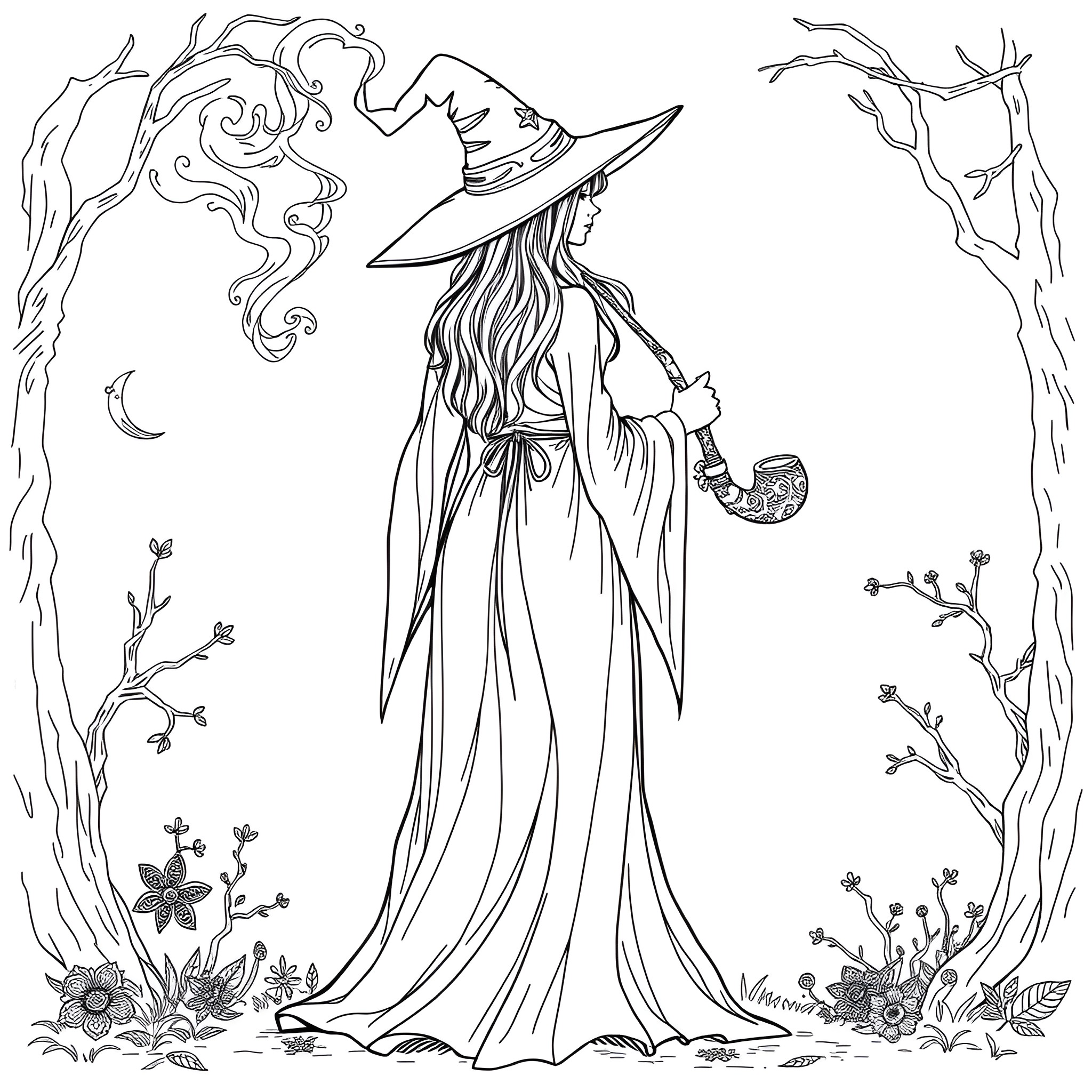 Witch in the Enchanted Forest Coloring Page (free black-and-white line drawing printable PDF for all, from beginners to advanced learners, including children, teens, adults, and seniors)